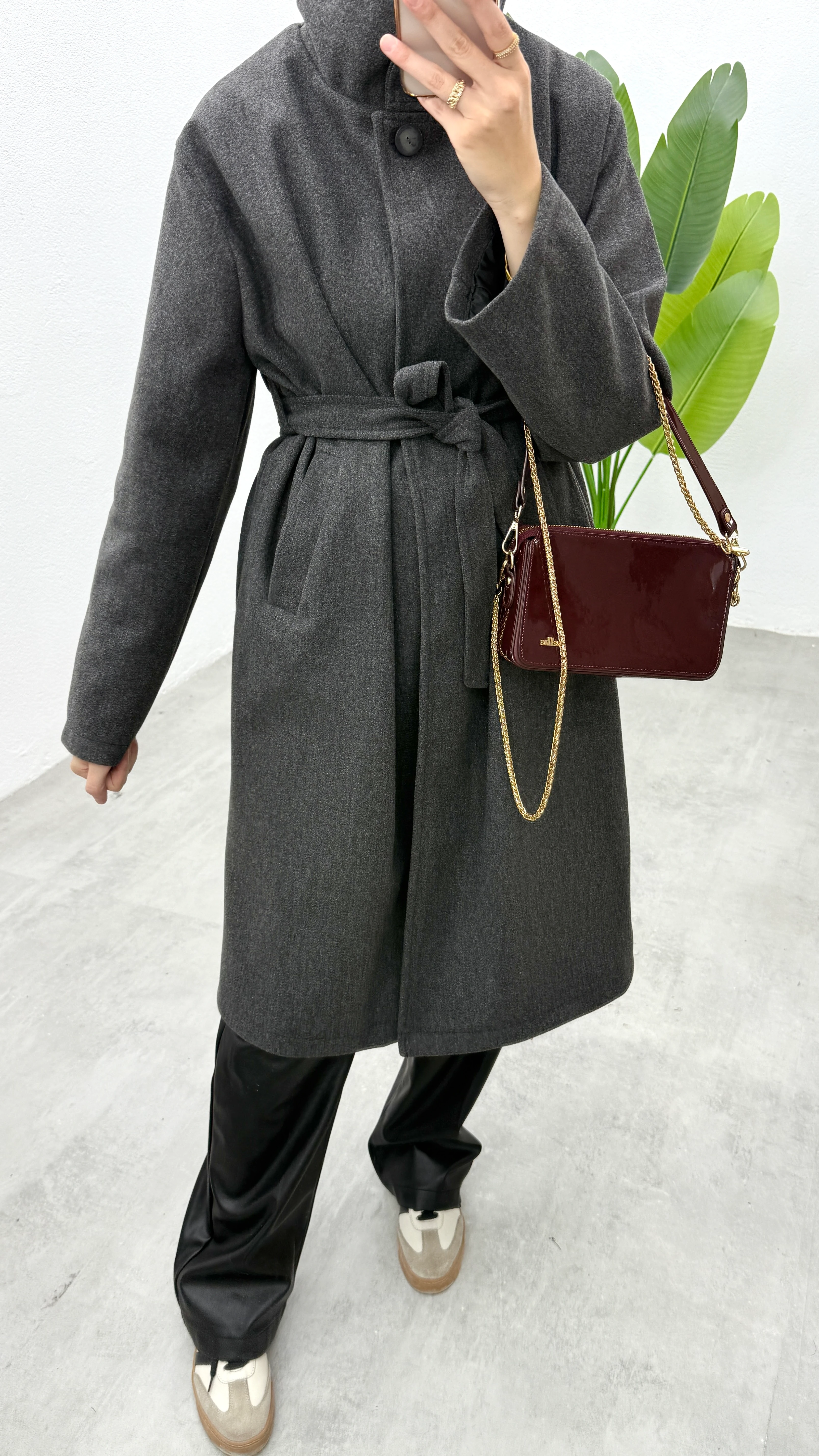 Uzun Dik Yaka Kaşe Kaban - Antrasit