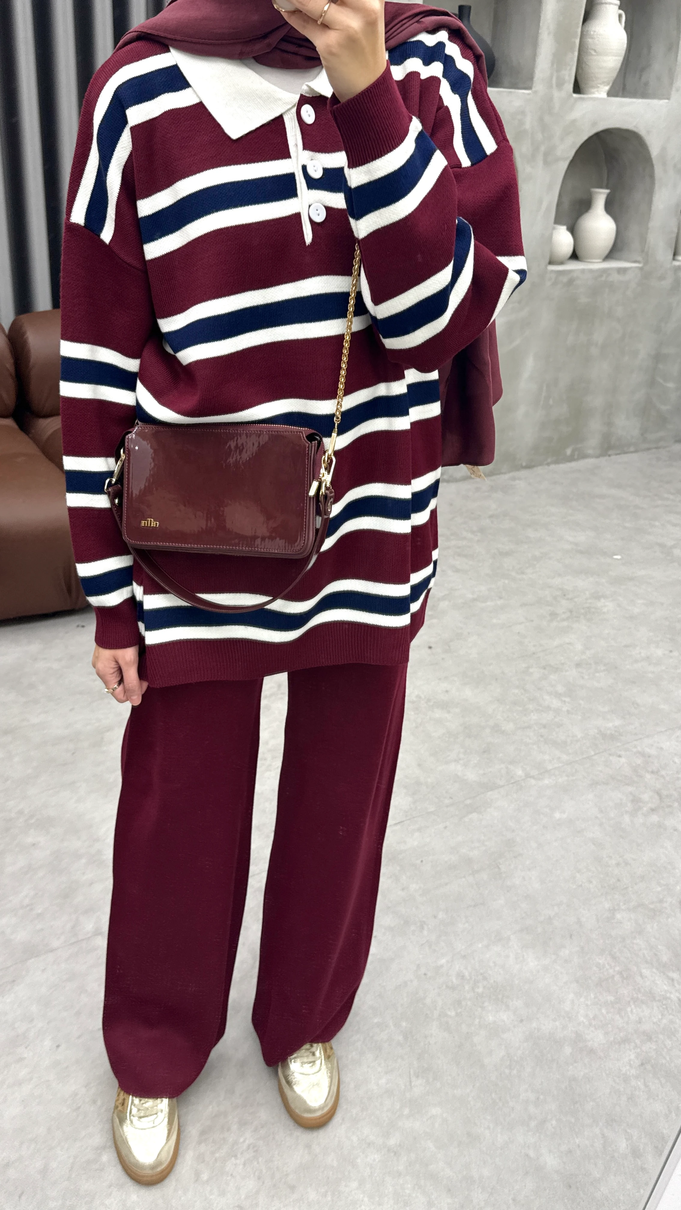 Çizgili Triko Takım - Bordo