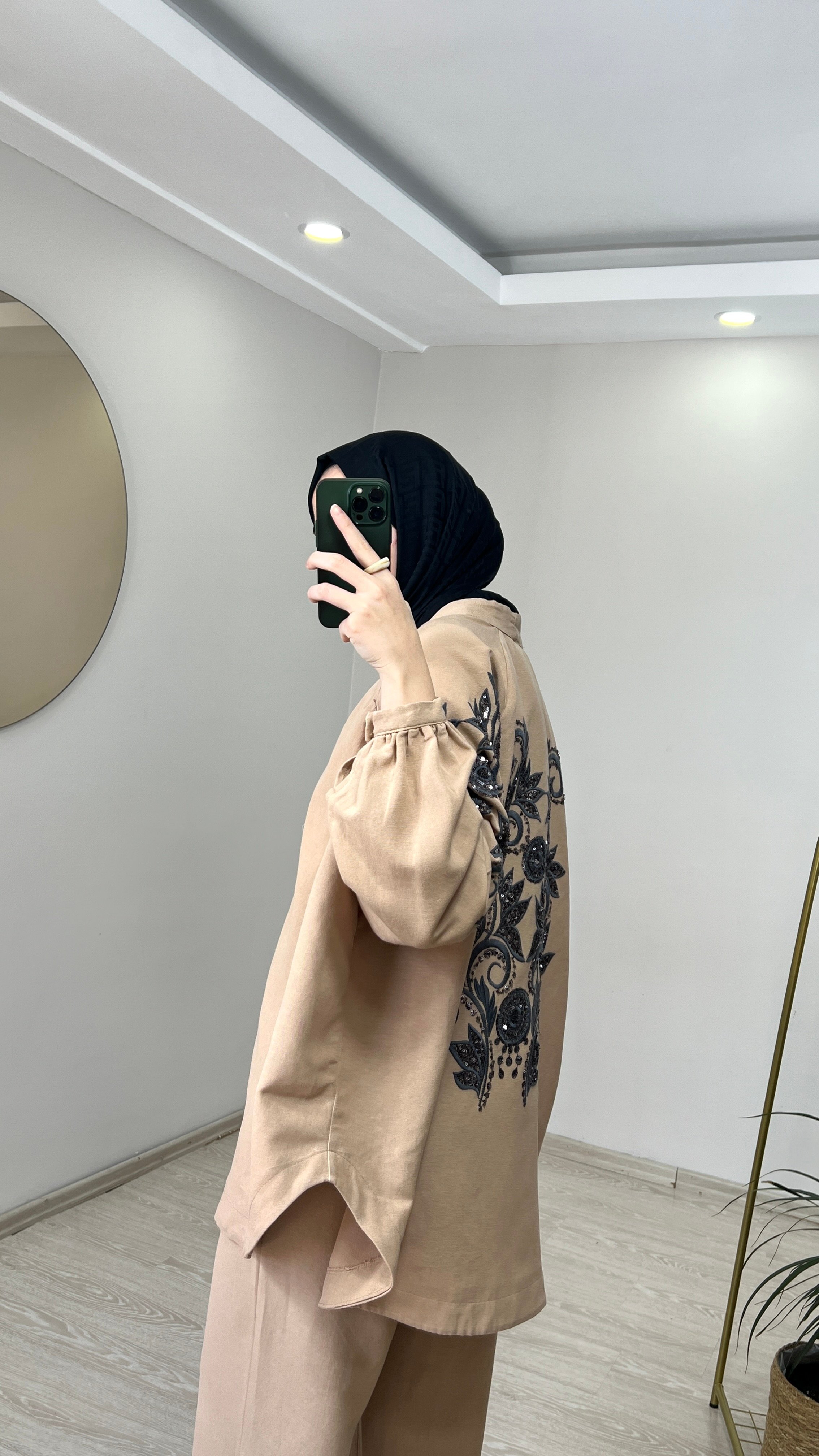 Zambak Desenli Keten Kimono - Camel