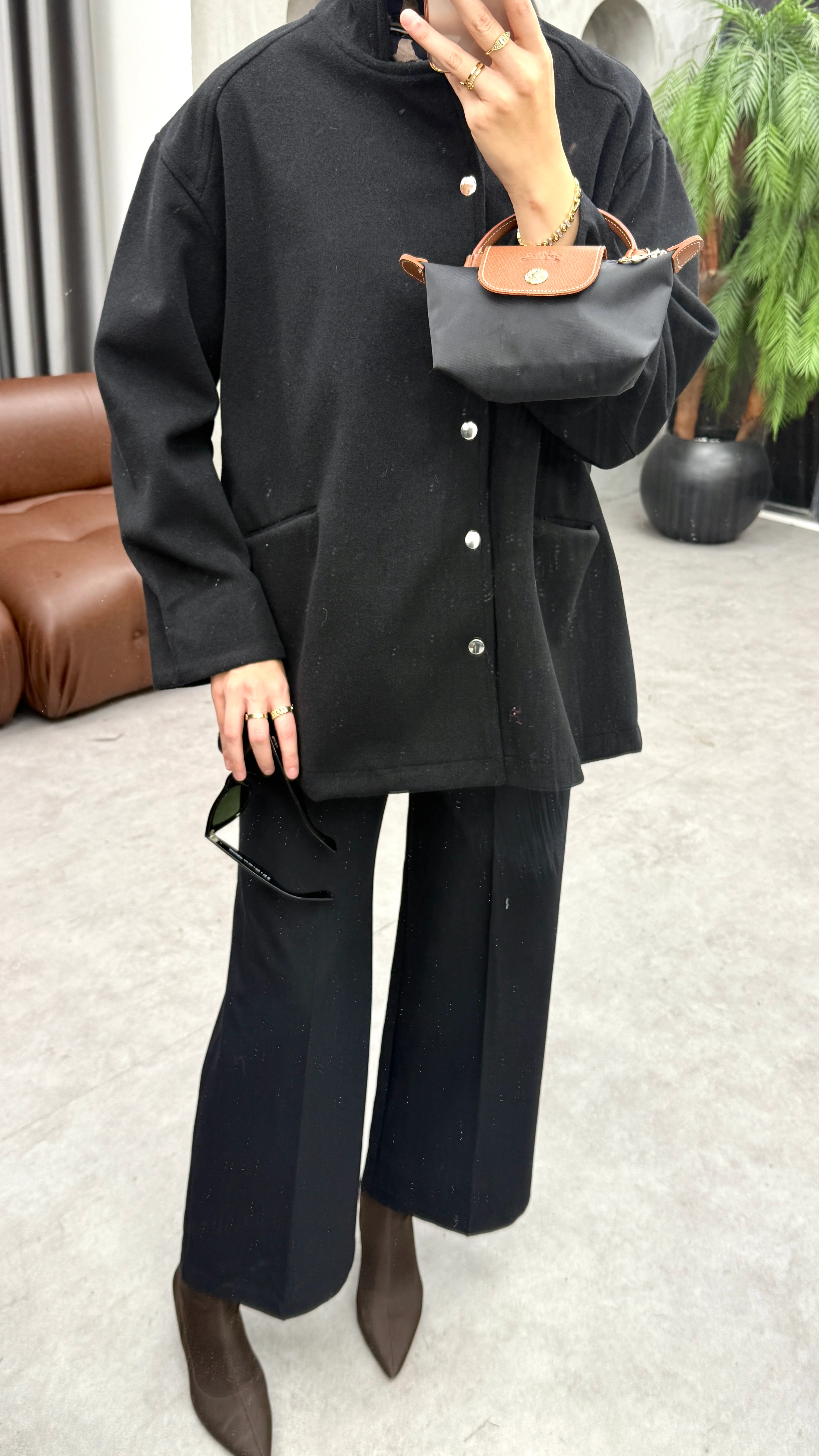 Çıtçıtlı Kaşe Ceket - Siyah