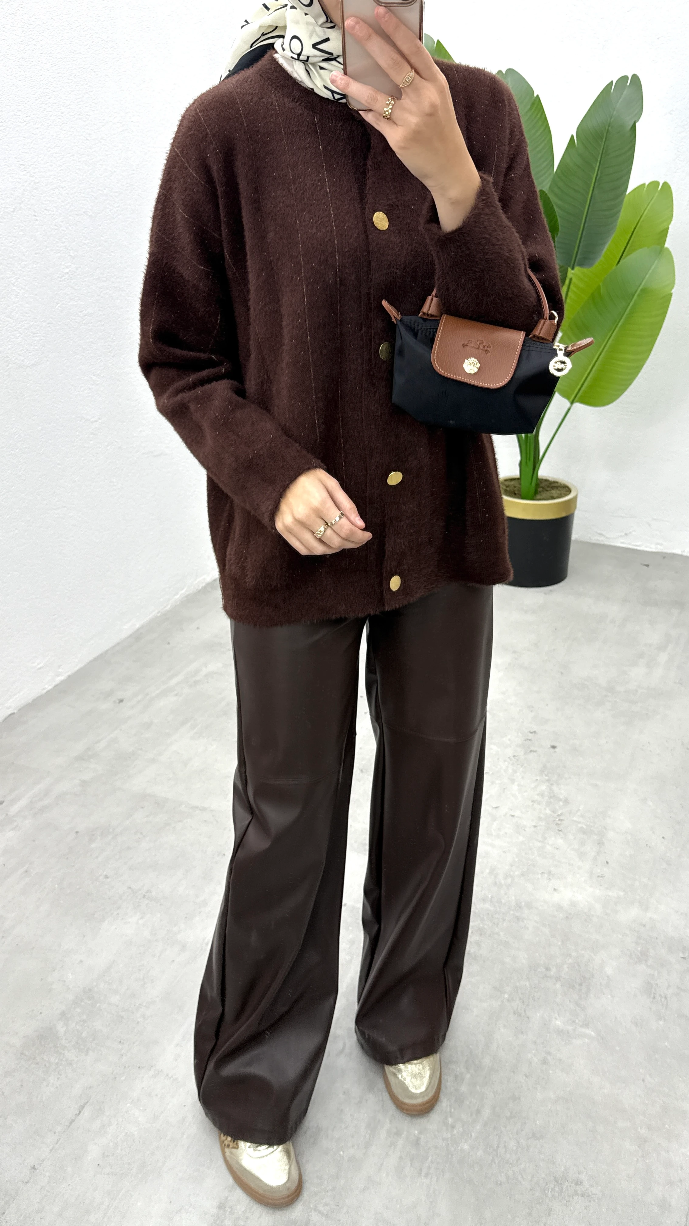 Simli Düğmeli Hırka - Kahve