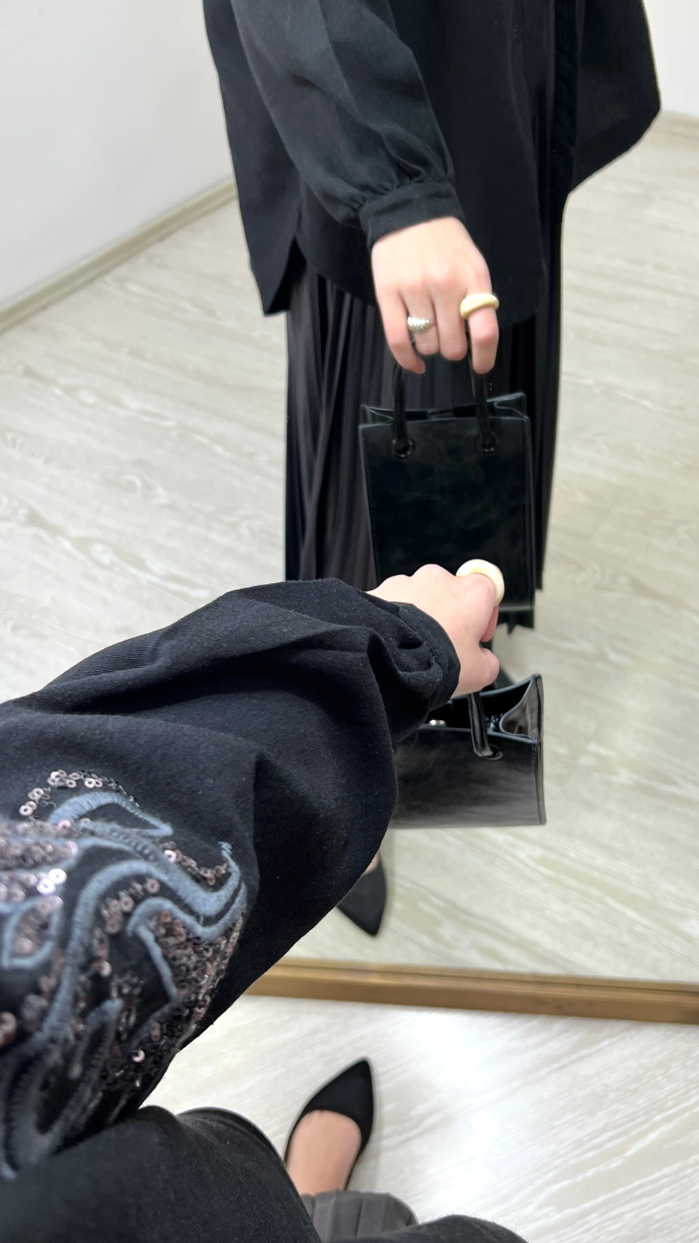 Zambak Desenli Keten Kimono - Siyah