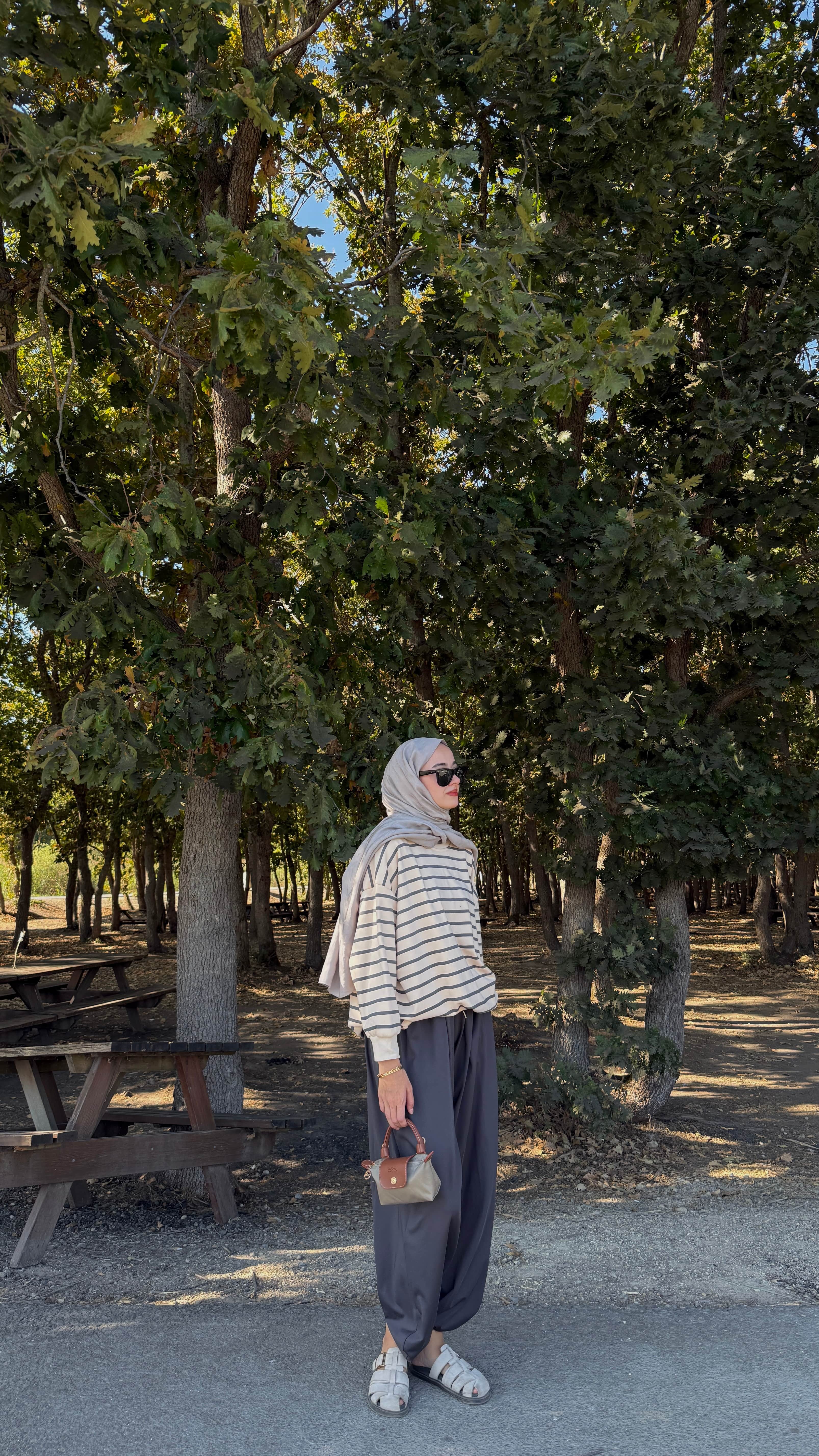 Çizgili Oversize Sweat - Gri