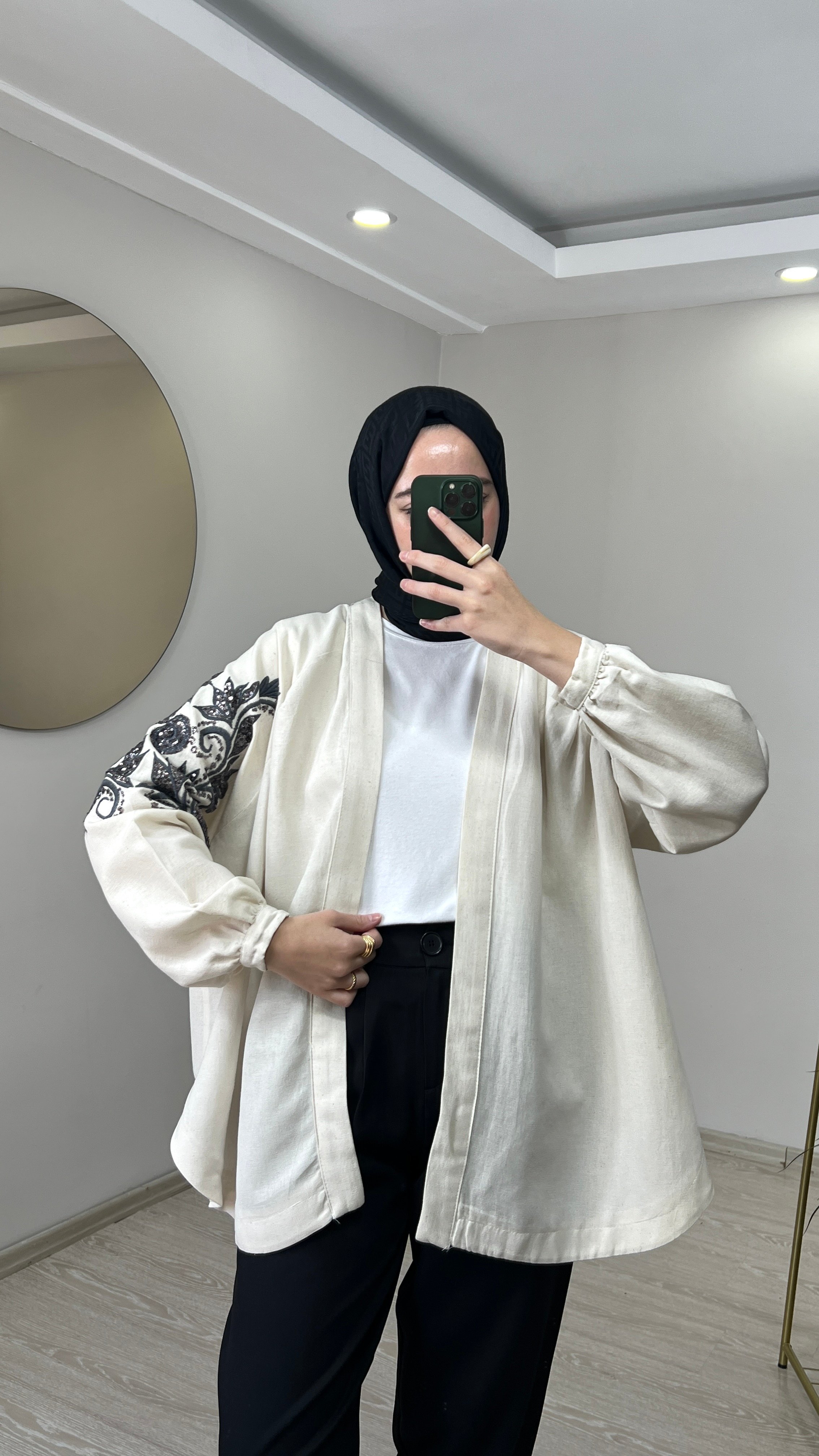 Zambak Desenli Keten Kimono - Ekru