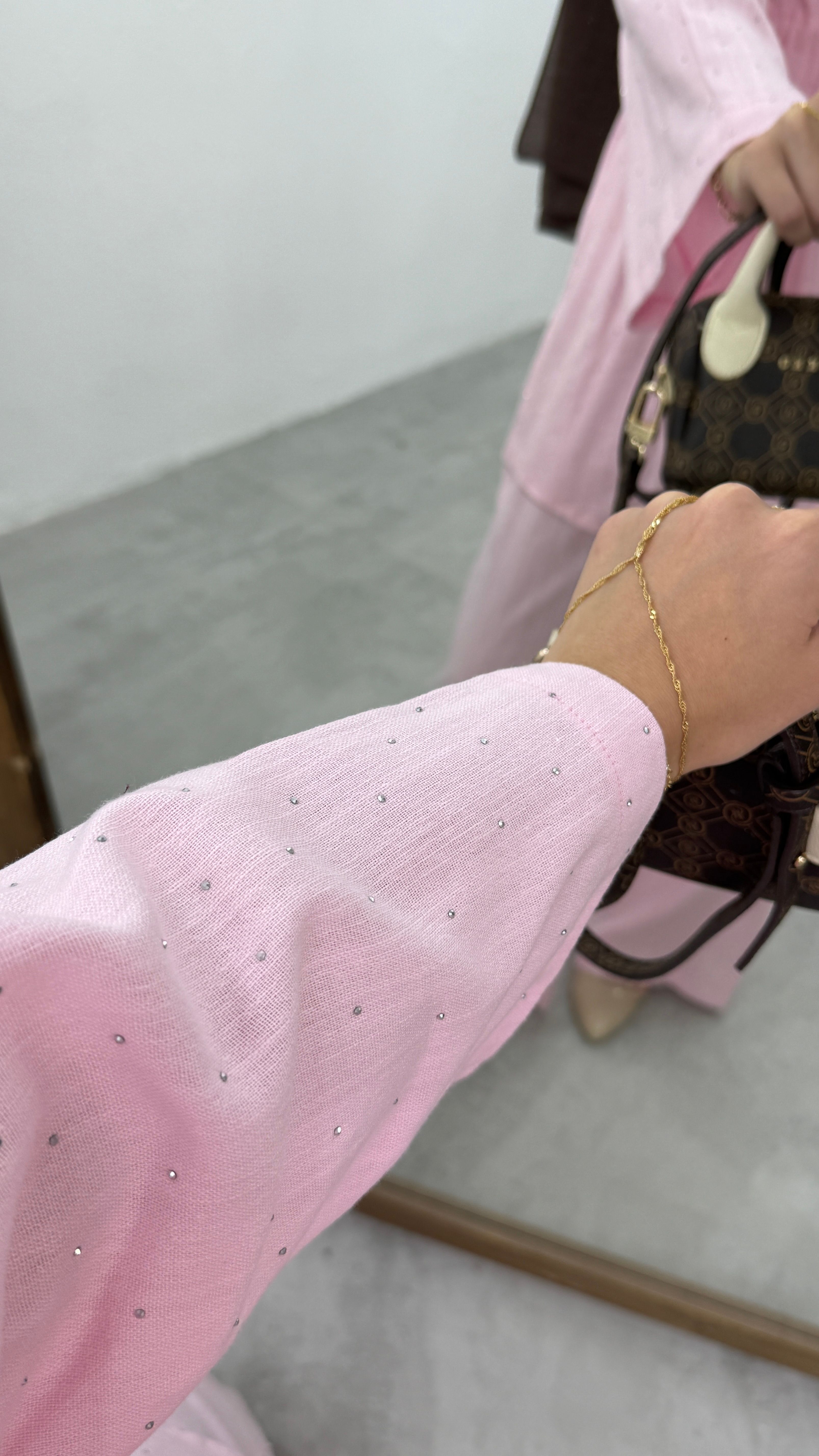Taşlı Keten Kimono Takım - Pembe