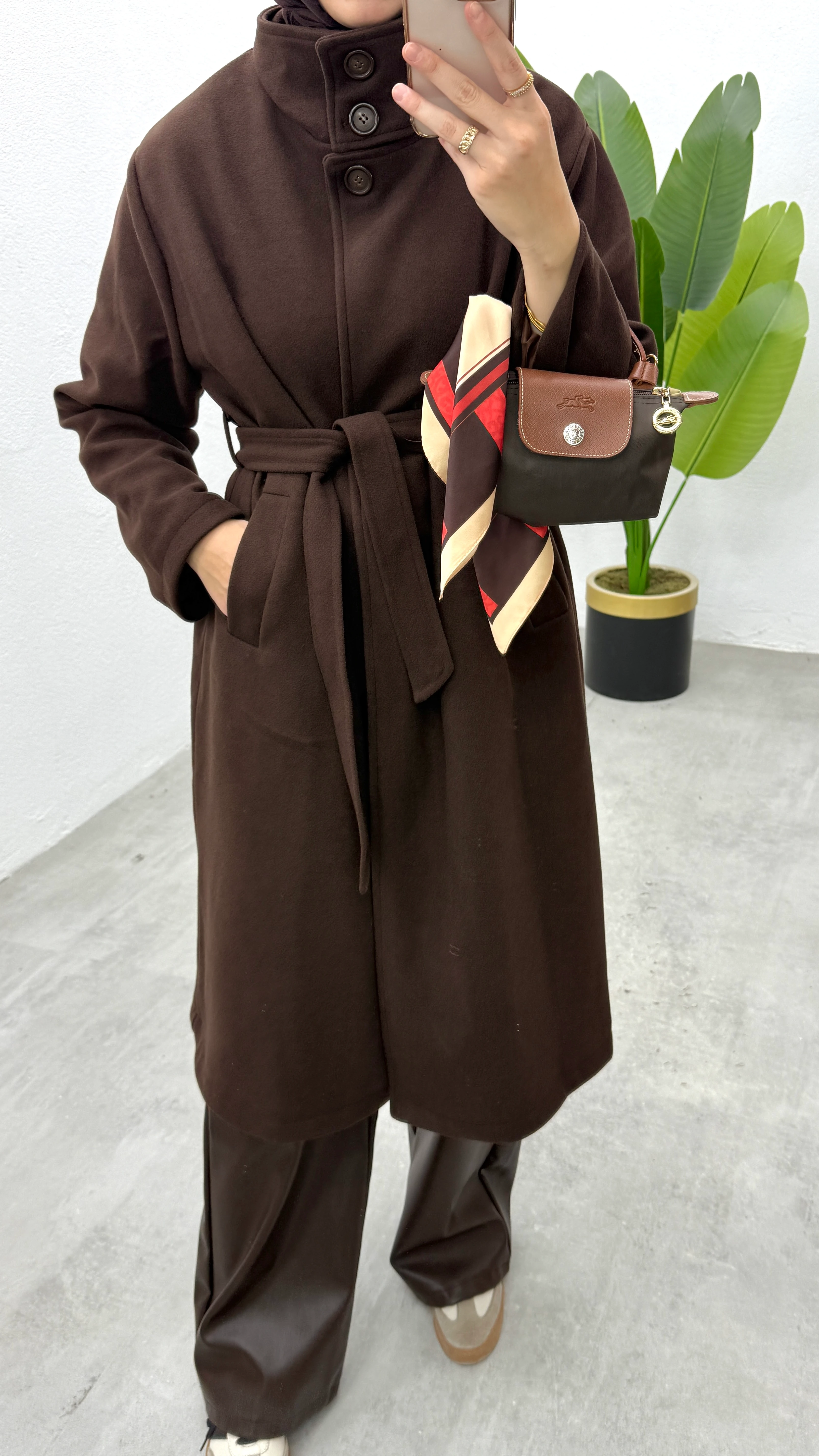 Uzun Dik Yaka Kaşe Kaban - Kahve