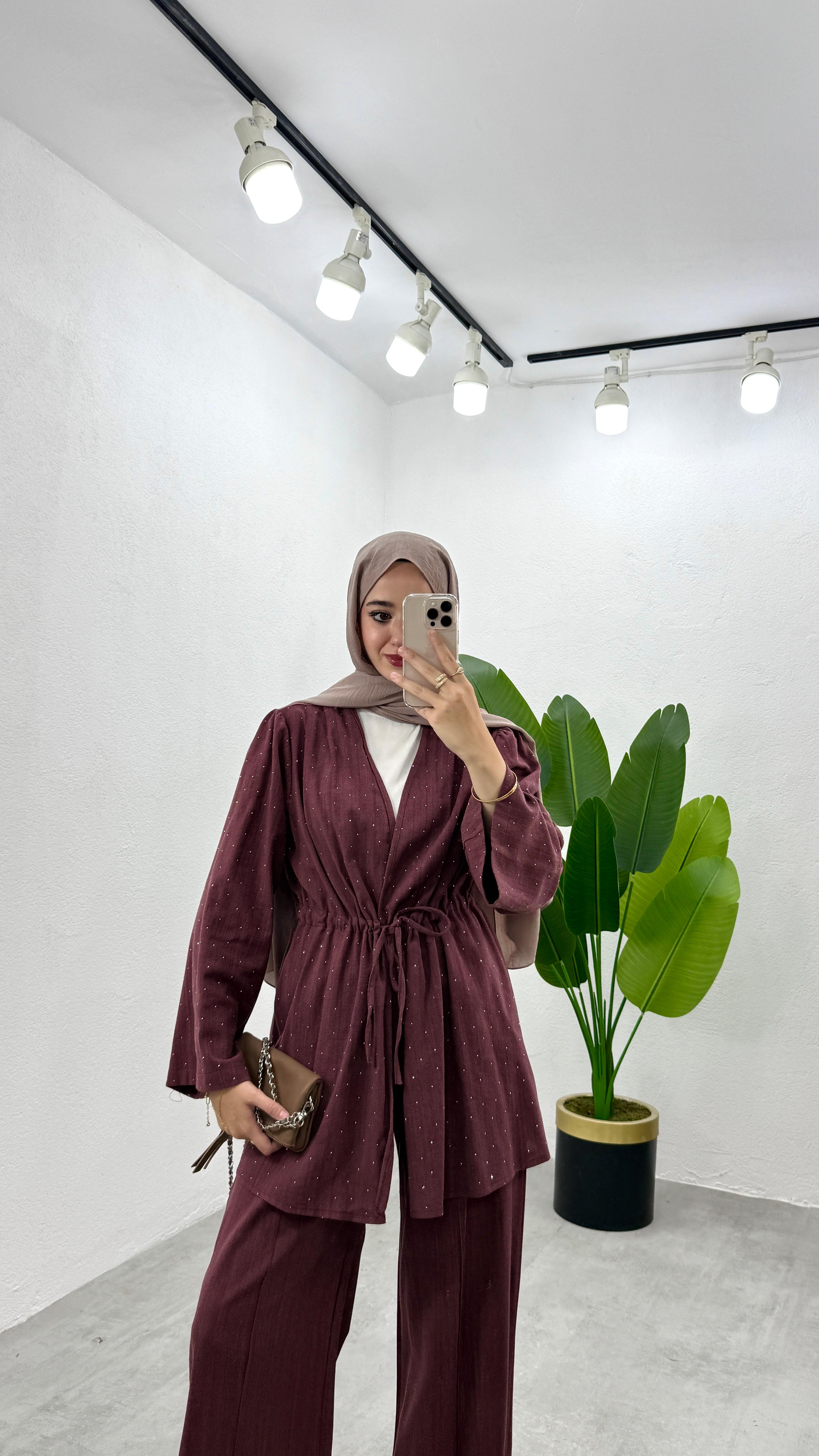 Taşlı Keten Kimono Takım - Mürdüm