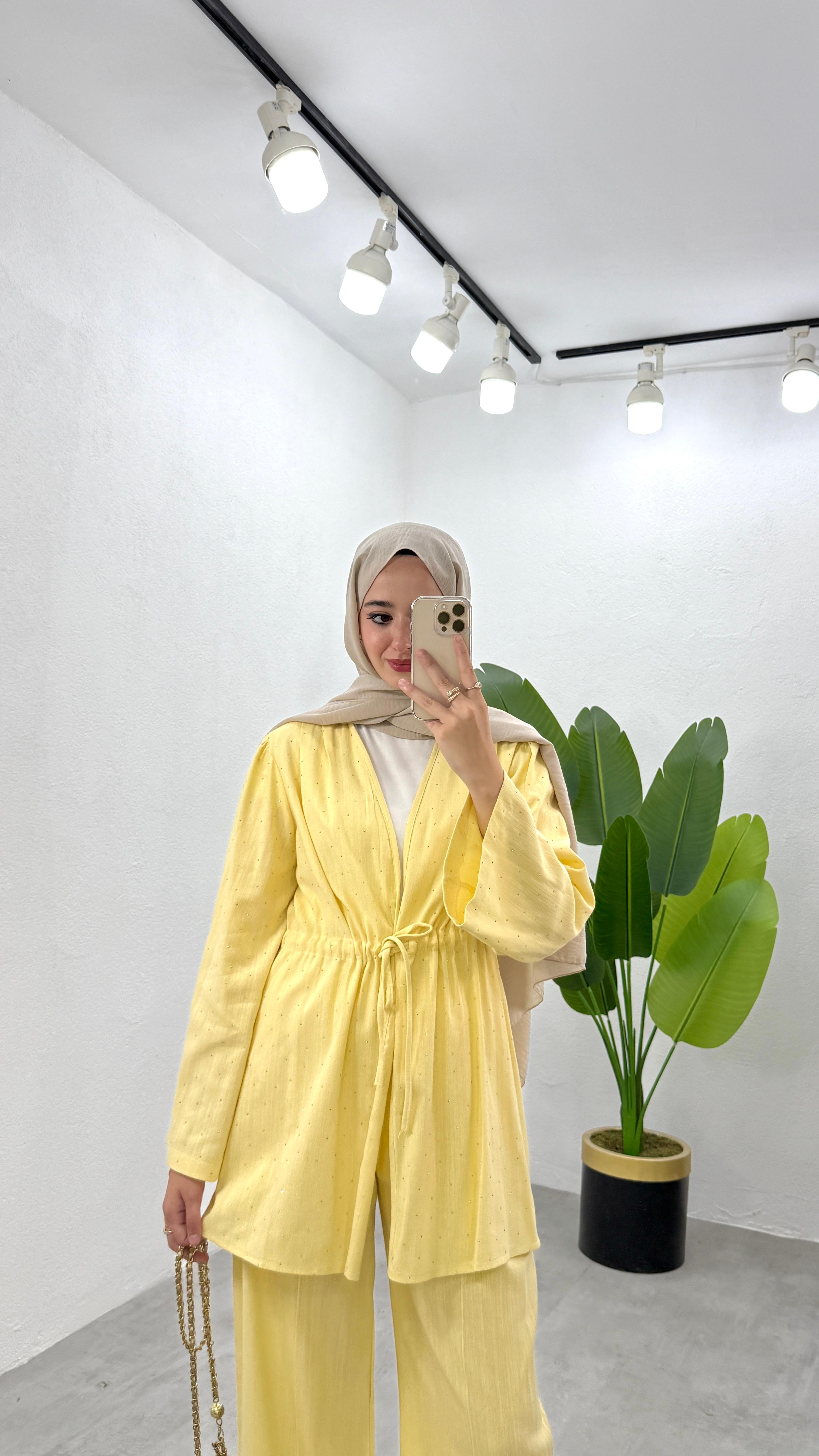 Taşlı Keten Kimono Takım - Sarı