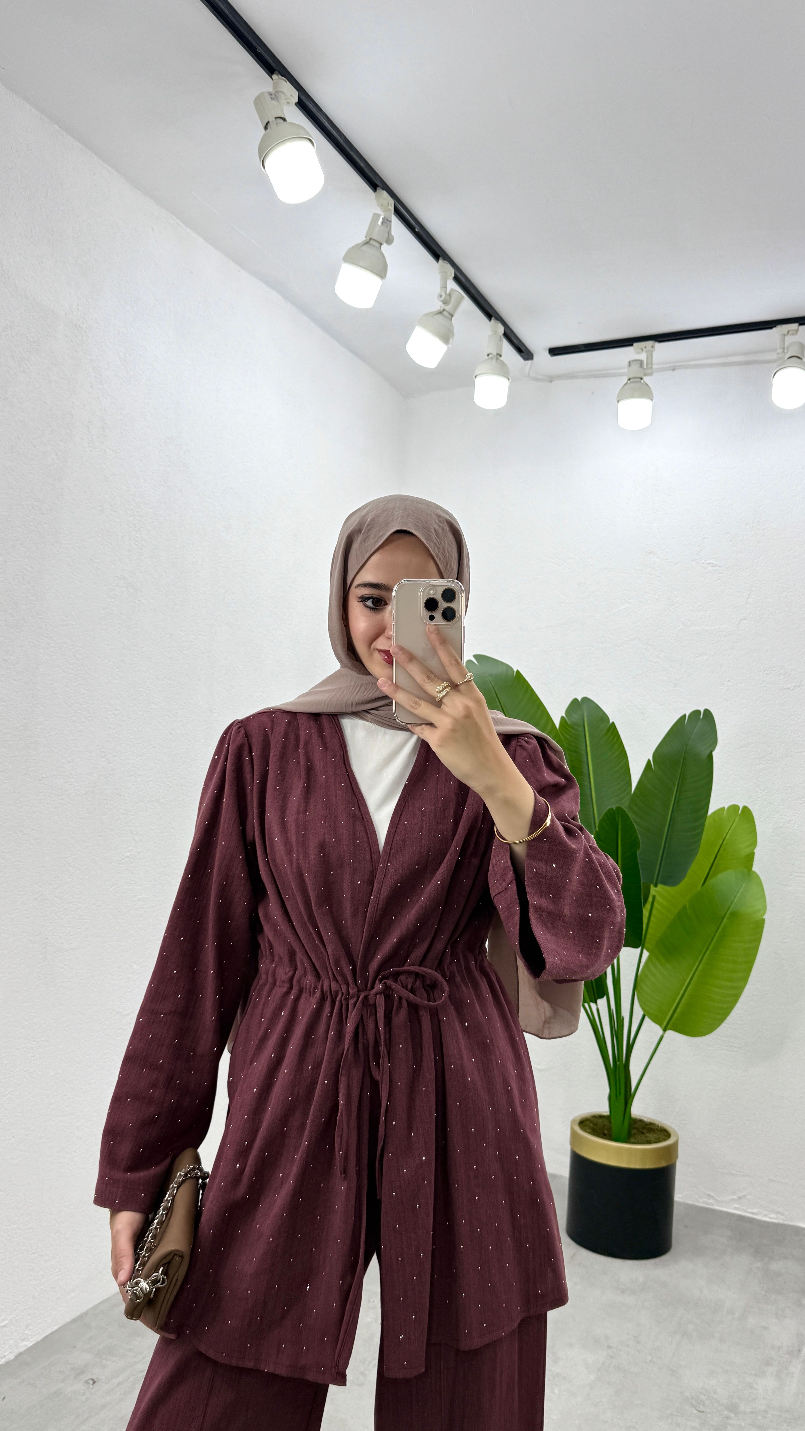 Taşlı Keten Kimono Takım - Mürdüm
