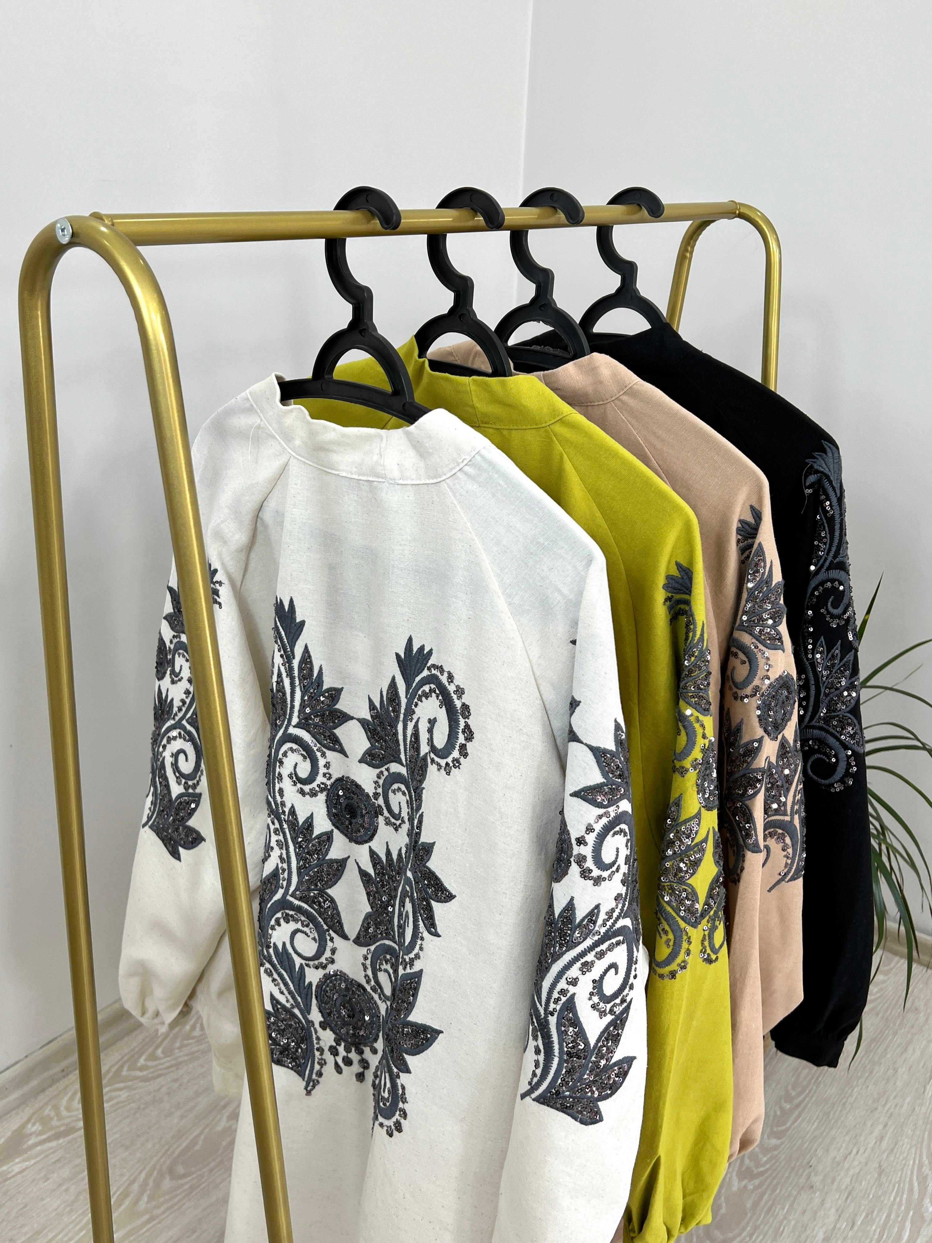Zambak Desenli Keten Kimono - Ekru