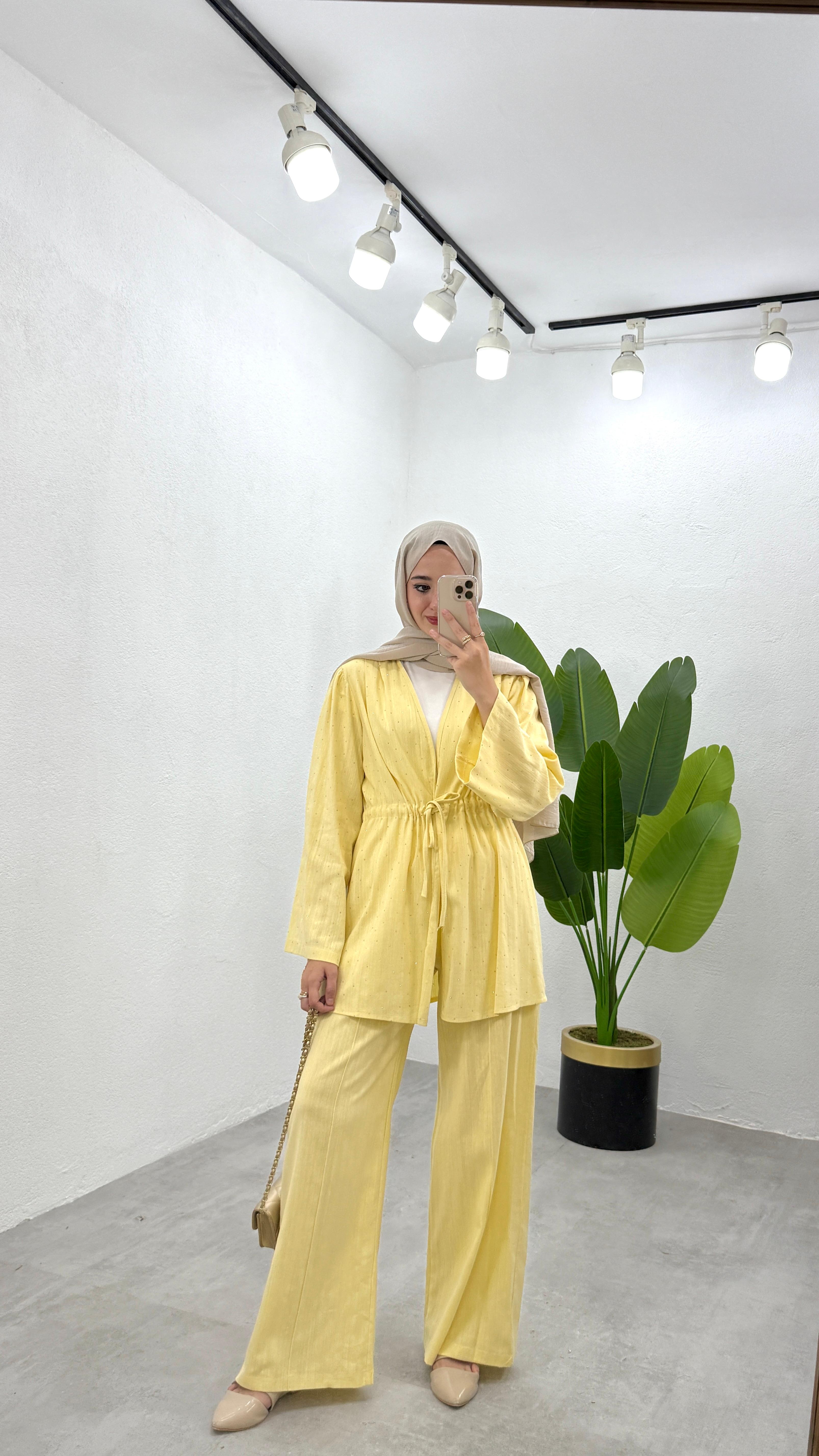 Taşlı Keten Kimono Takım - Sarı