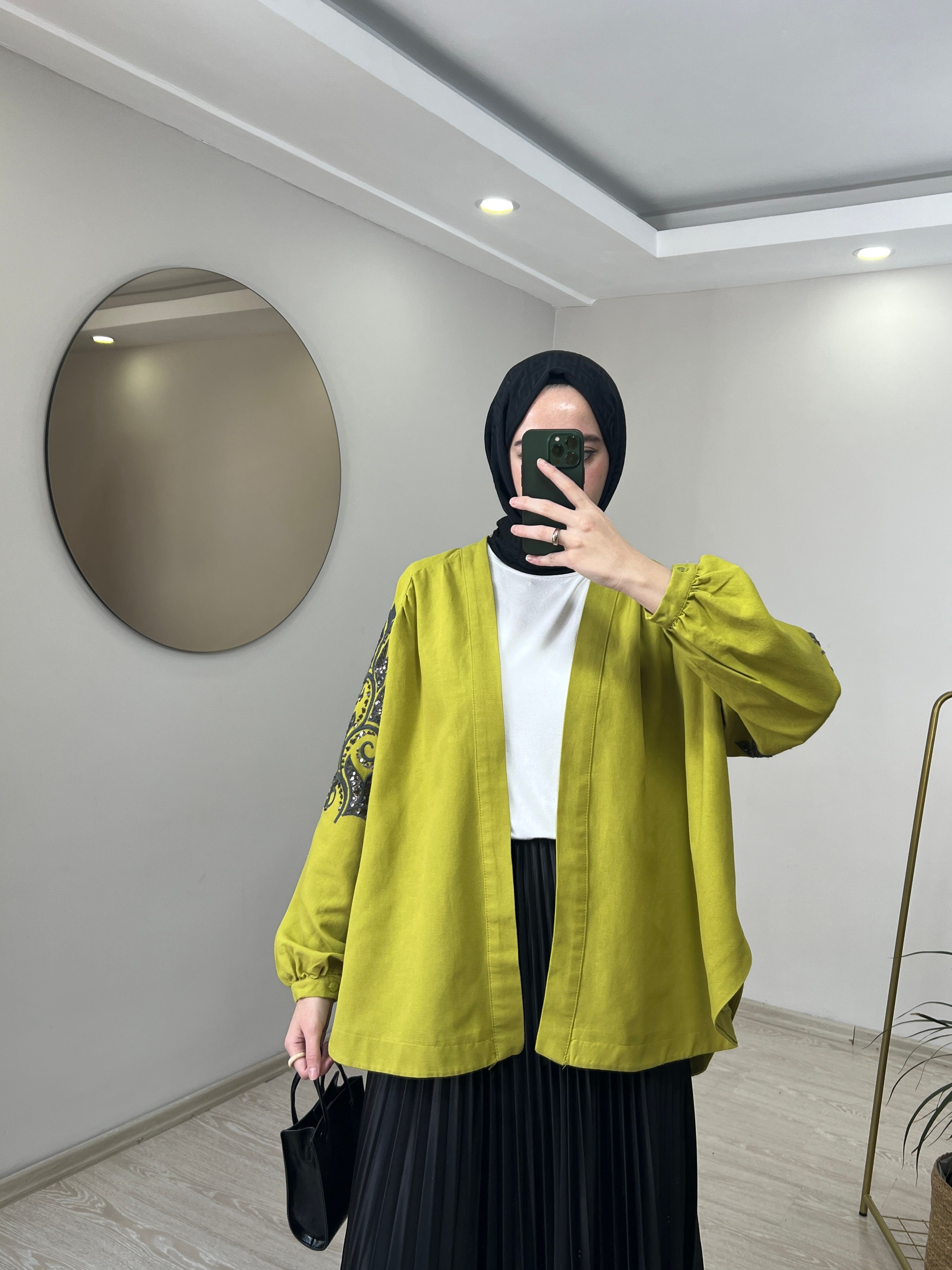 Zambak Desenli Keten Kimono - Yağ Yeşili