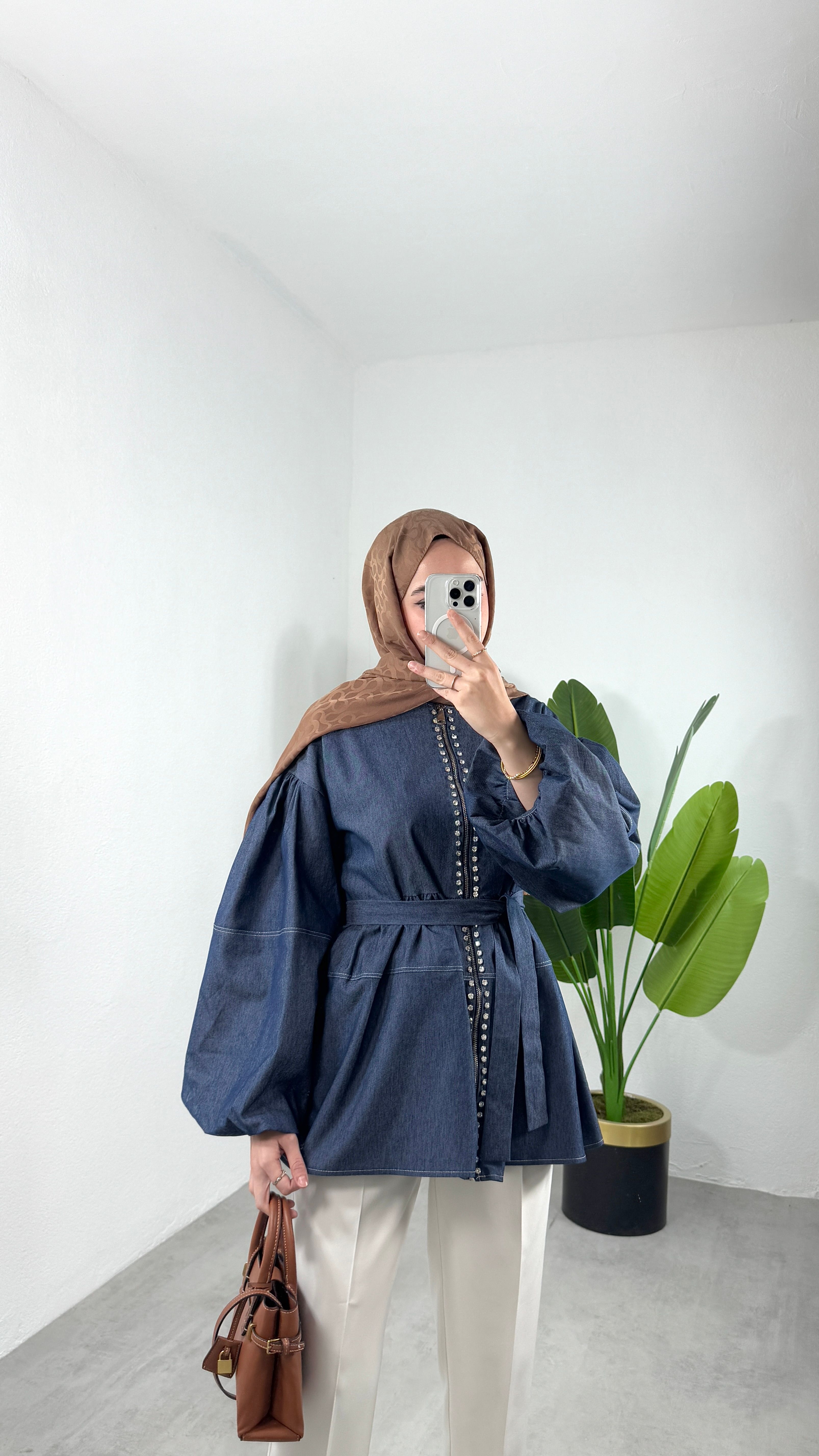 Taşlı Balon Kol Denim Ceket - Açık Kot