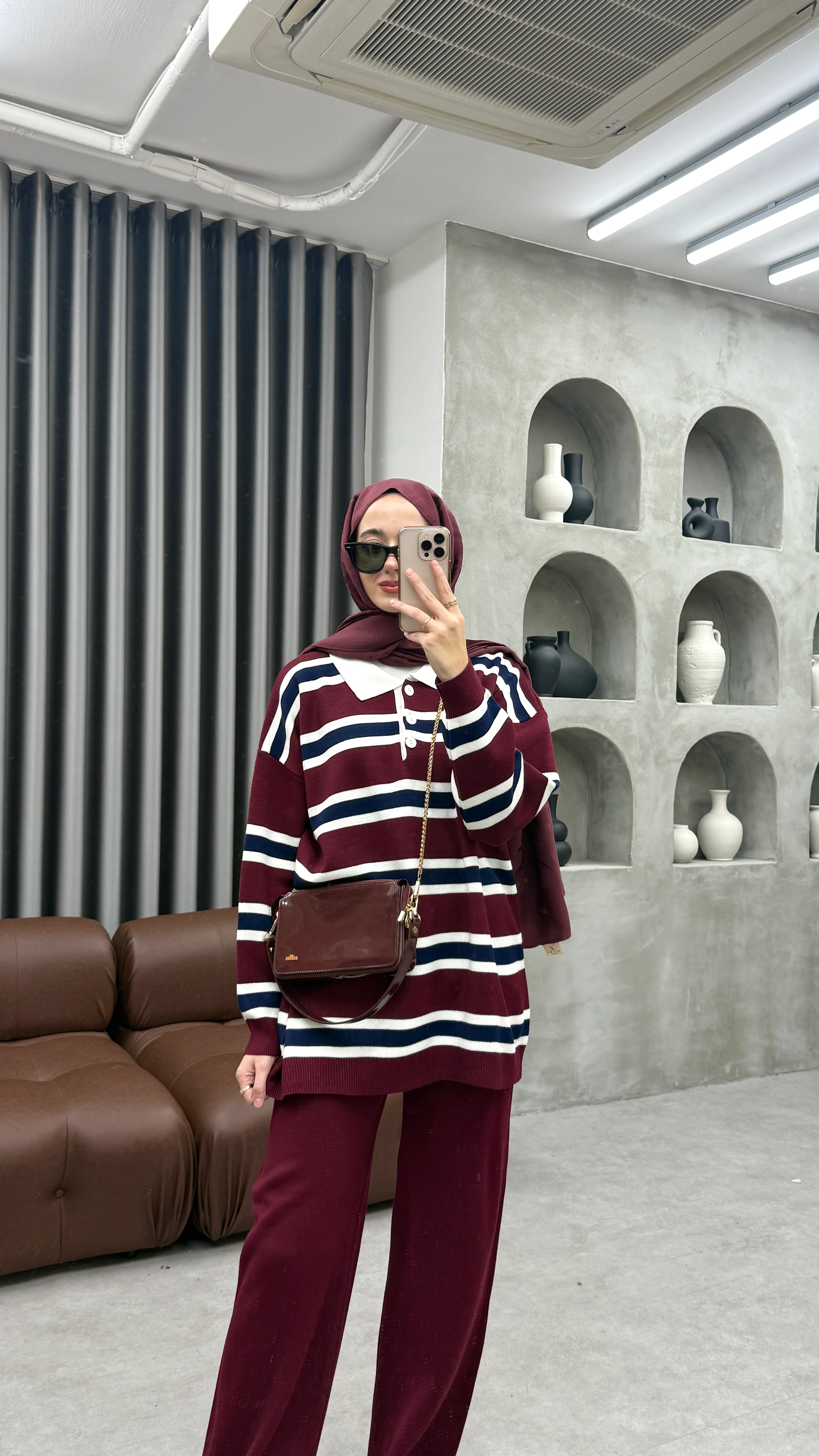 Çizgili Triko Takım - Bordo