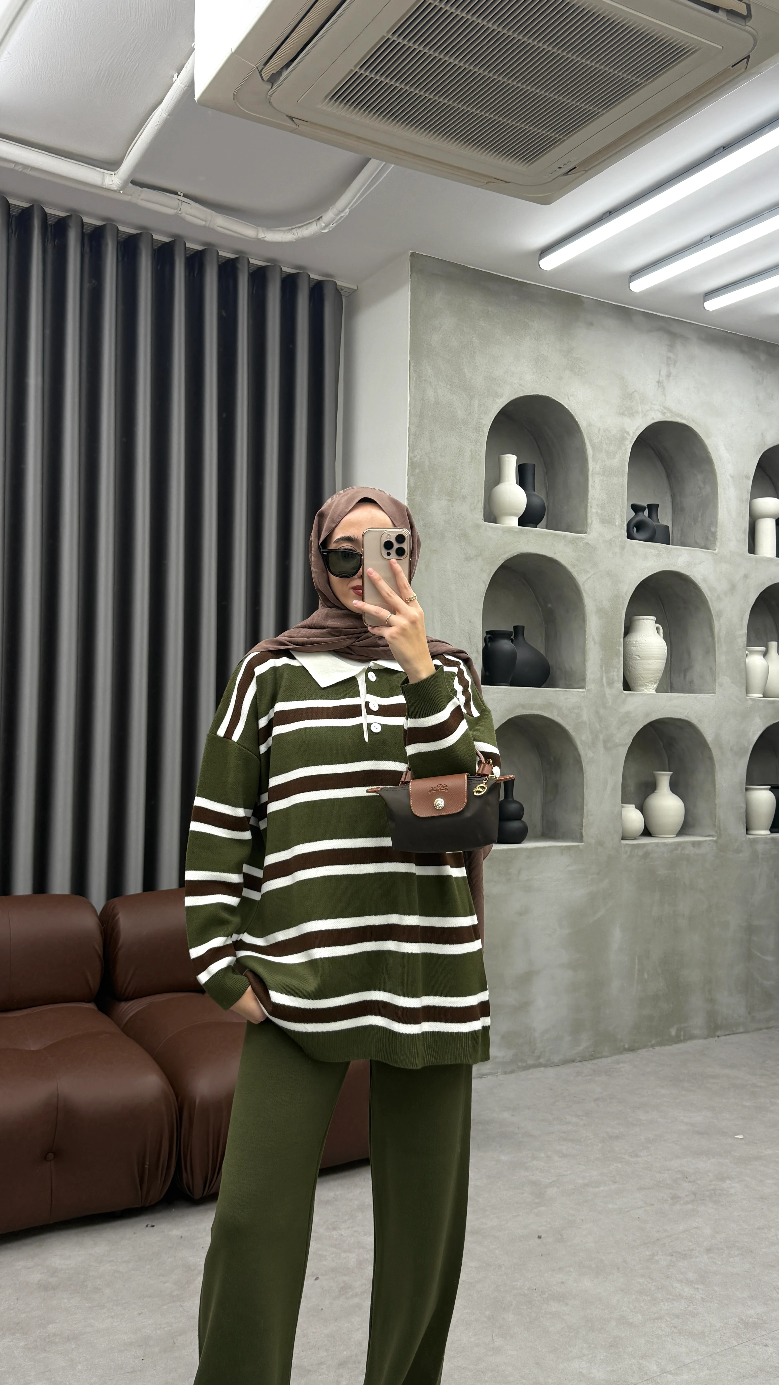 Çizgili Triko Takım - Yeşil