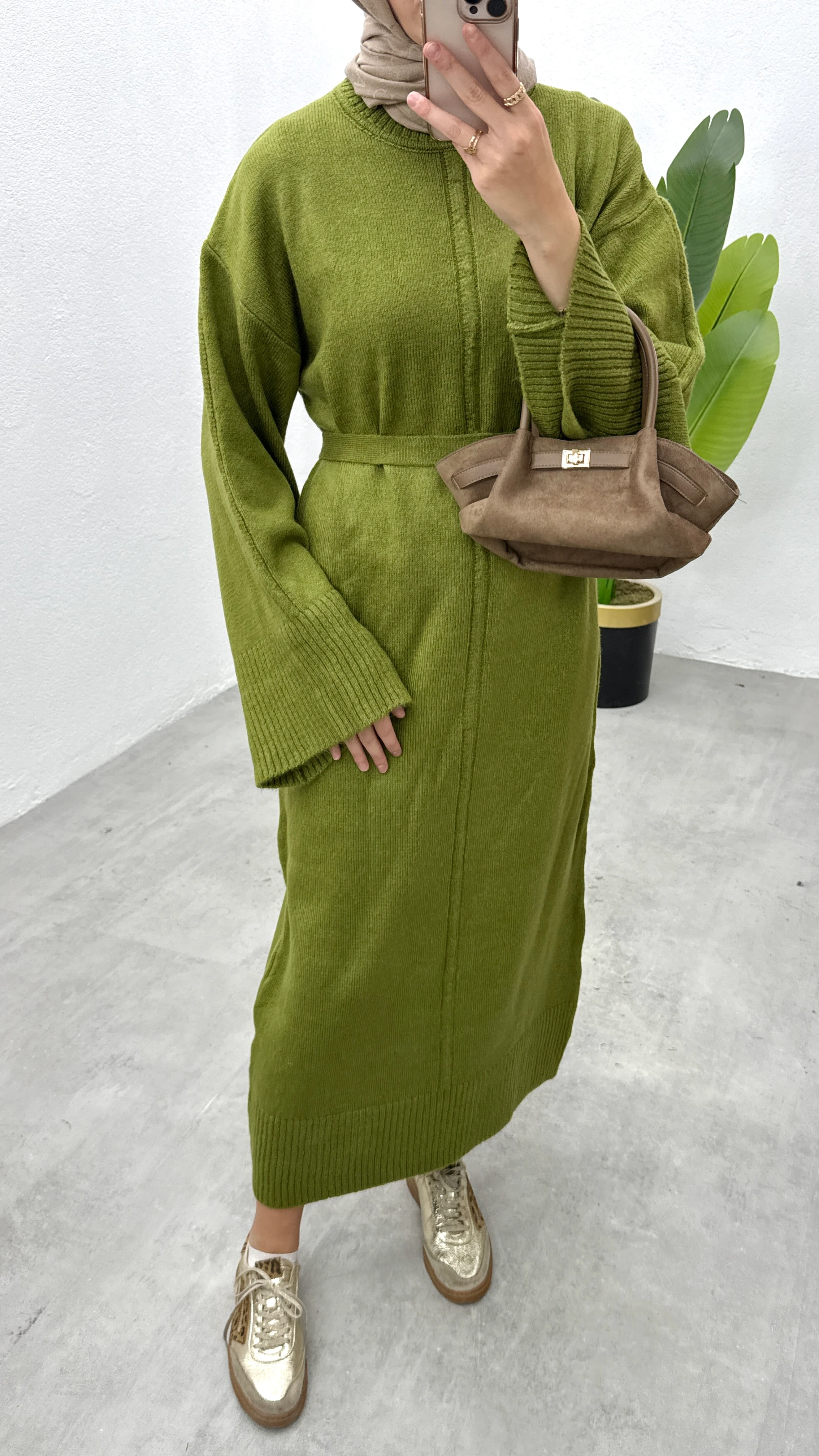 Basic Triko Elbise - Yeşil