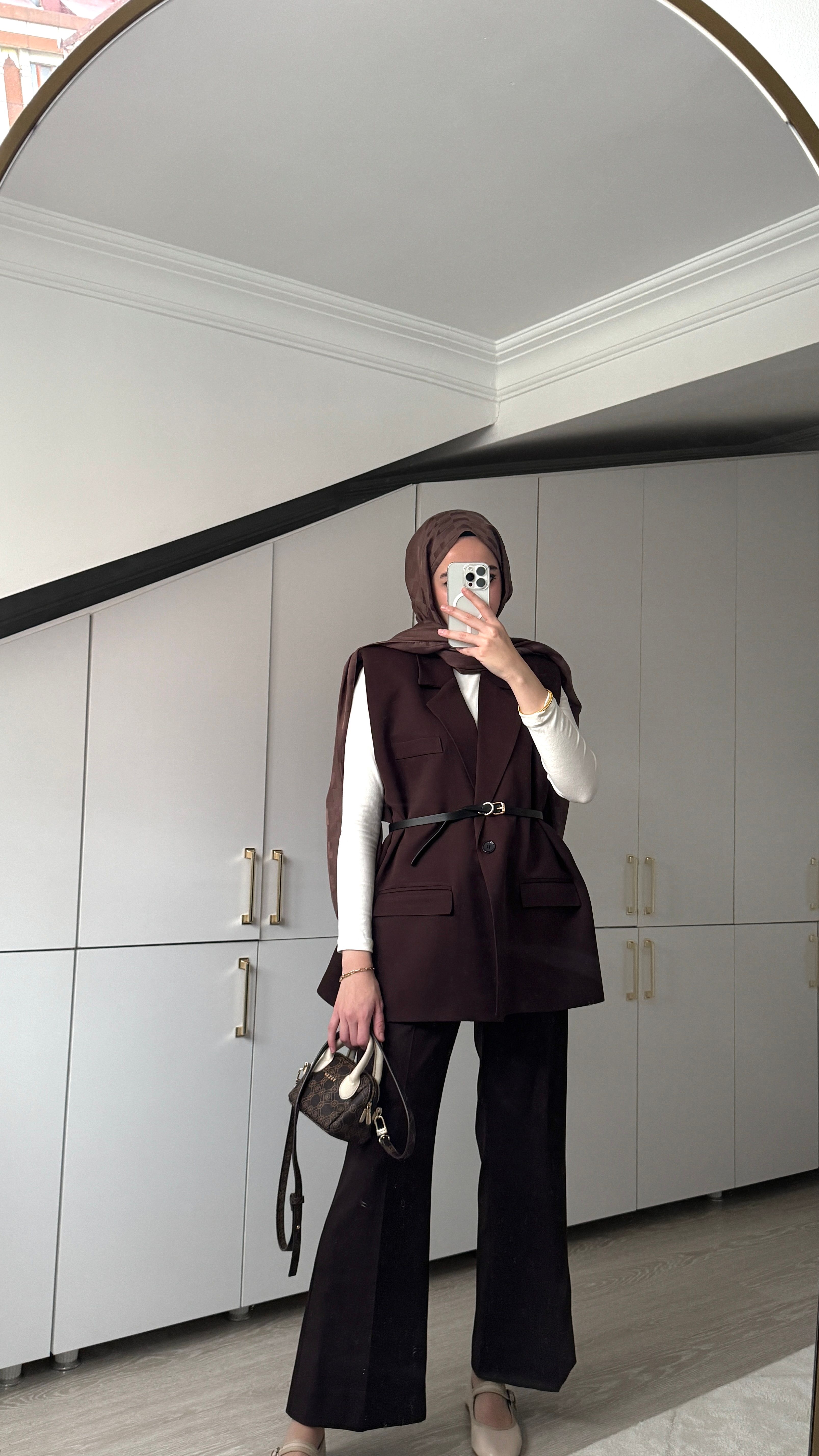 Oversize Kemerli Yelek - Kahve