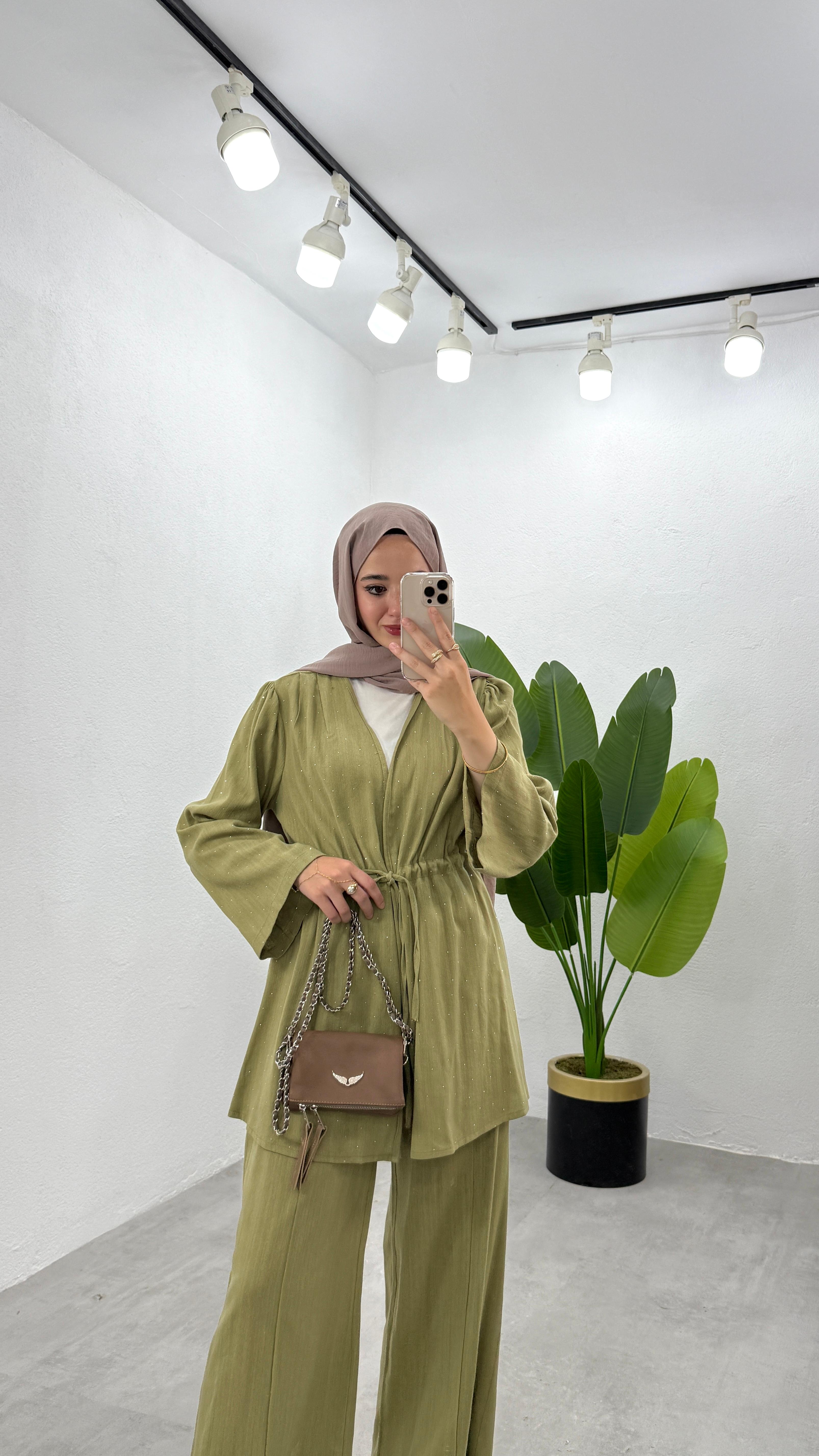 Taşlı Keten Kimono Takım - Yeşil