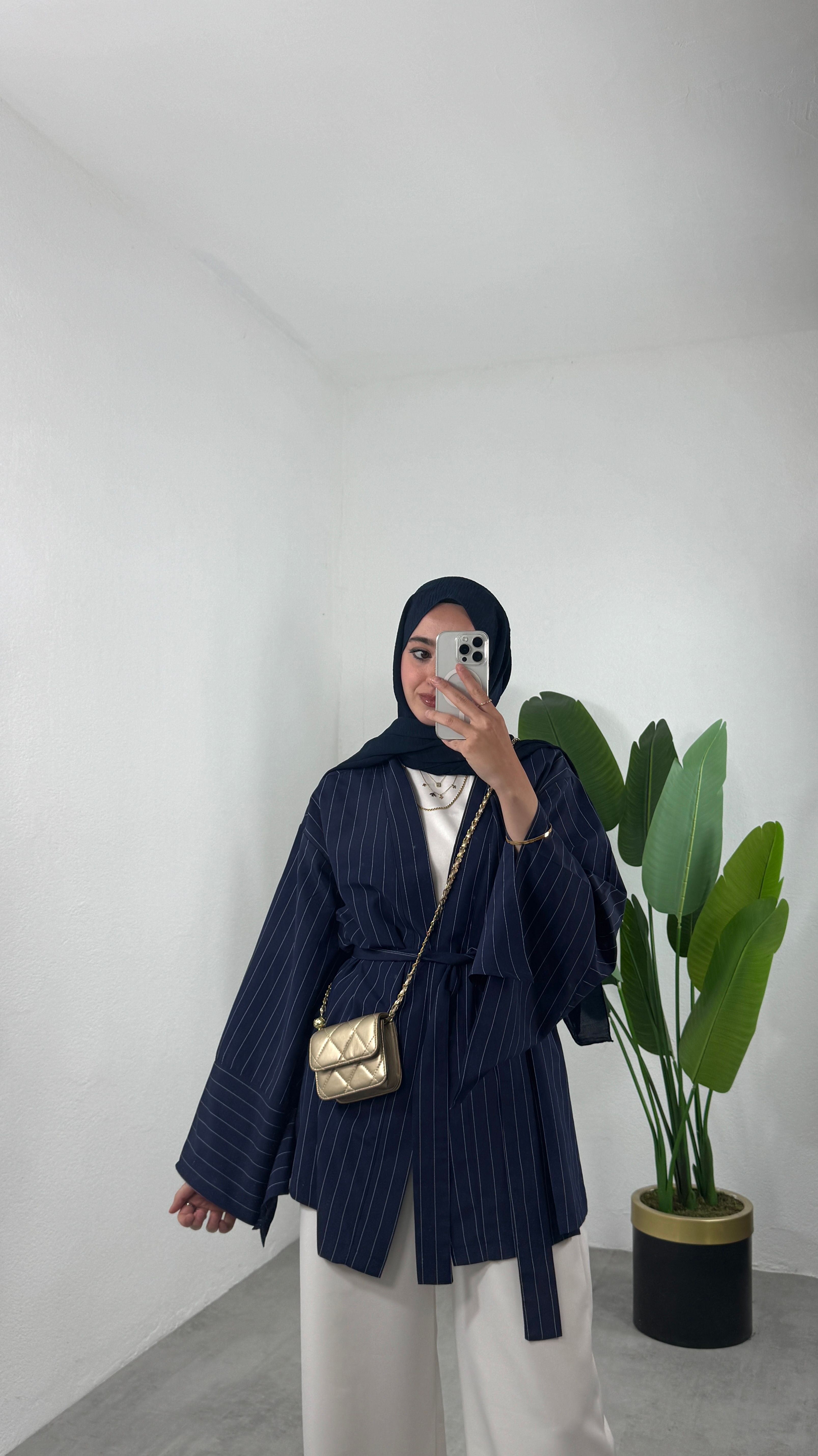 Çizgili Kimono Takım - Gece Mavisi