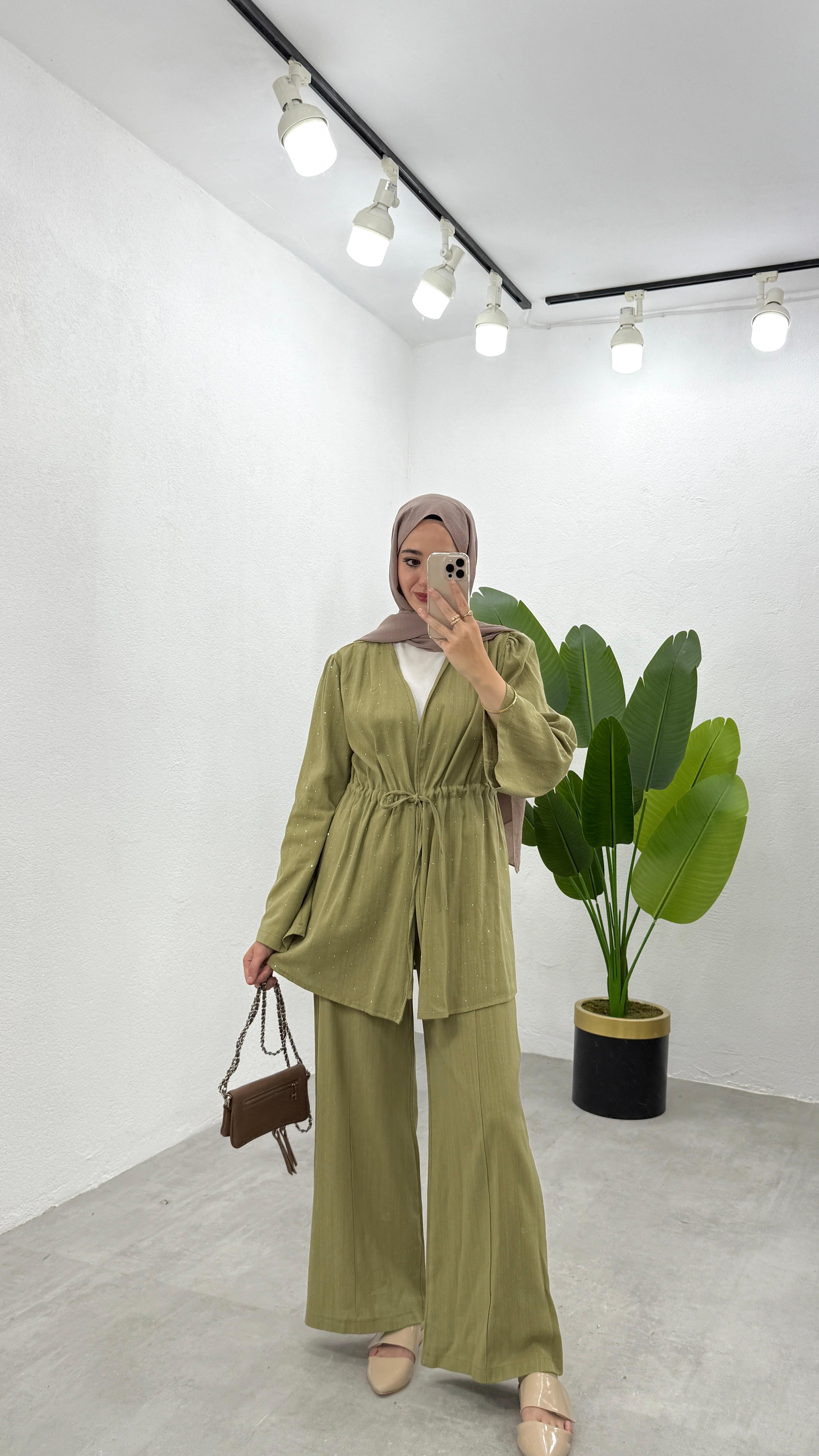 Taşlı Keten Kimono Takım - Yeşil