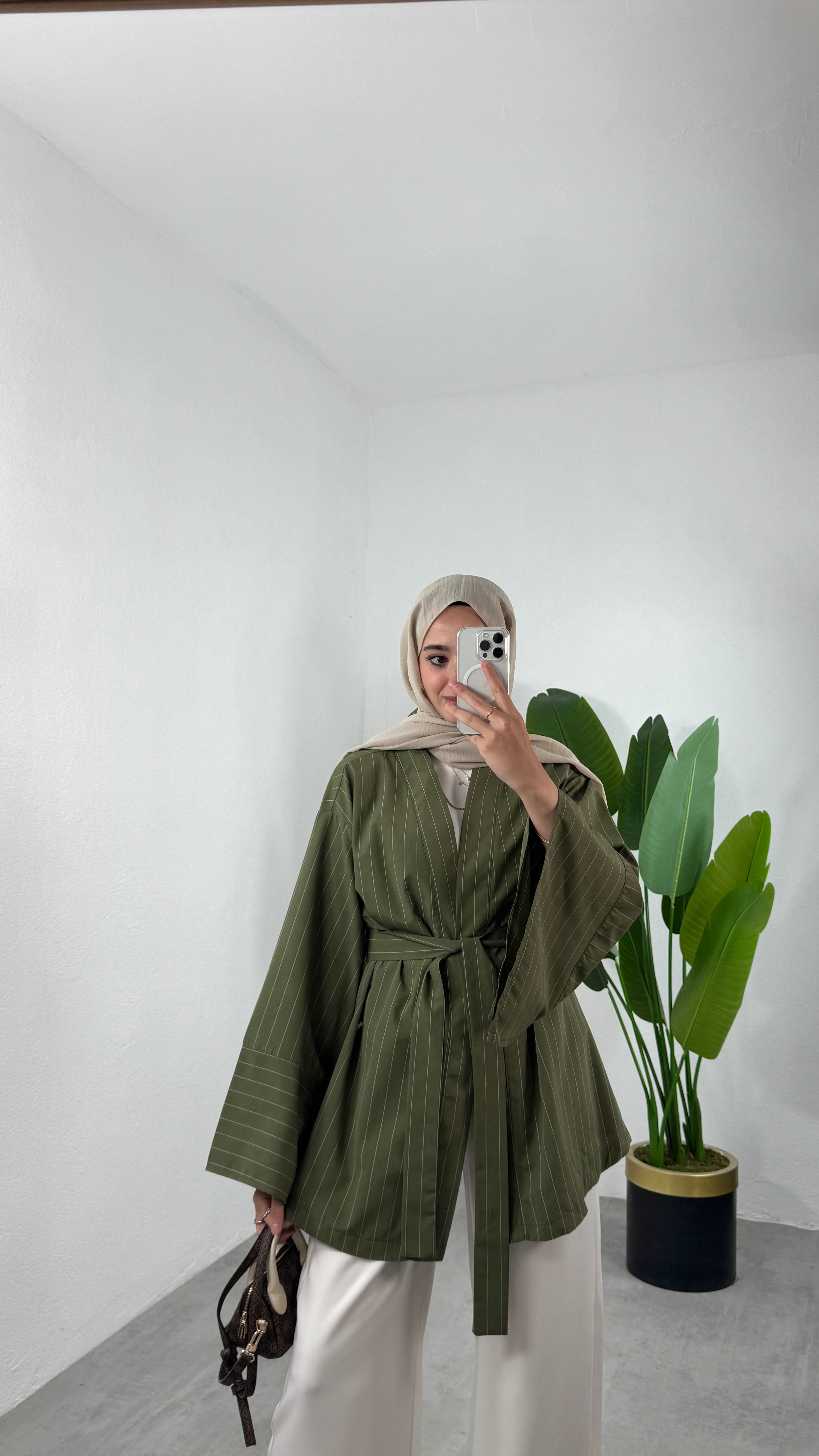 Çizgili Kimono Takım - Yeşil