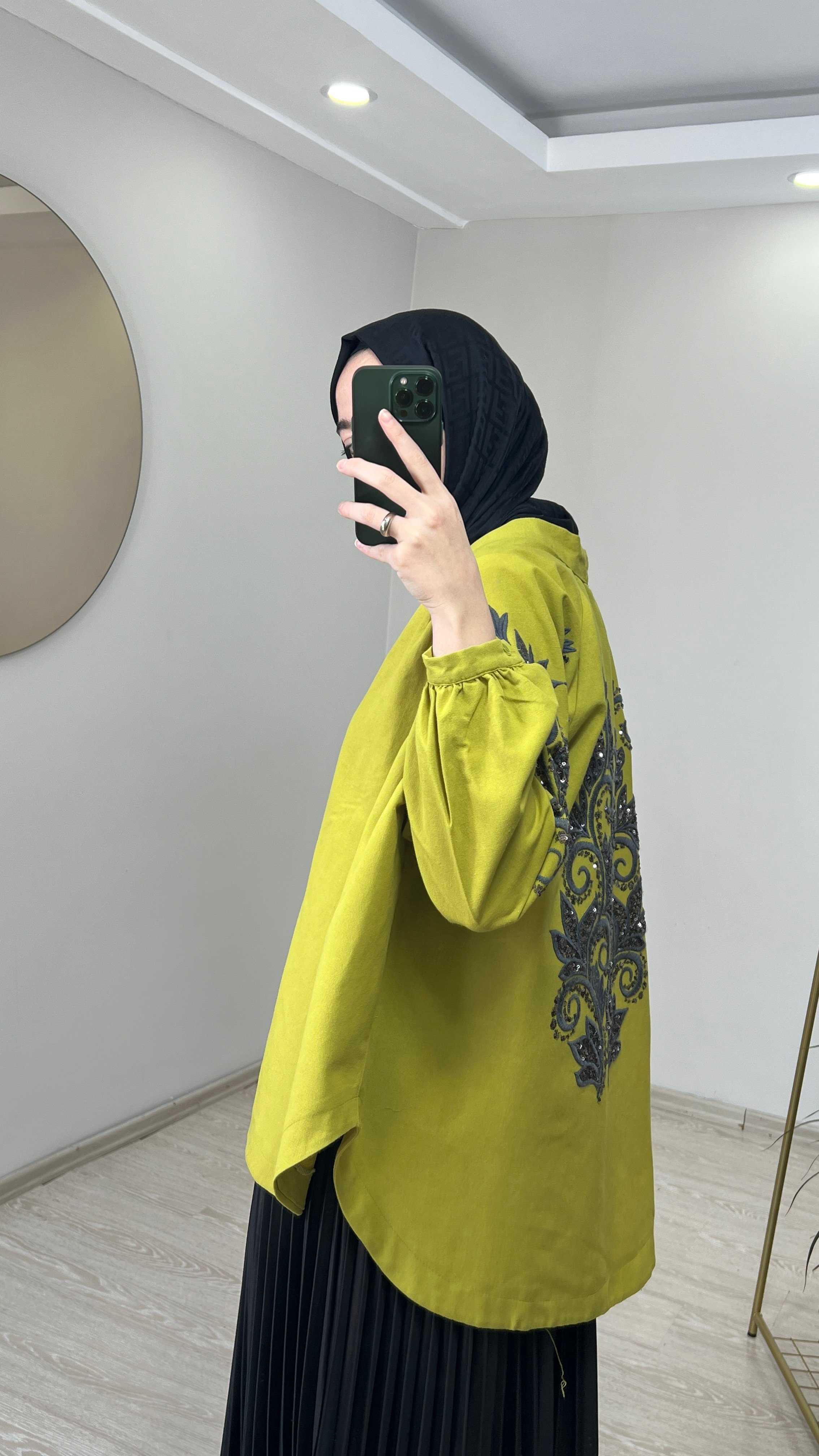 Zambak Desenli Keten Kimono - Yağ Yeşili