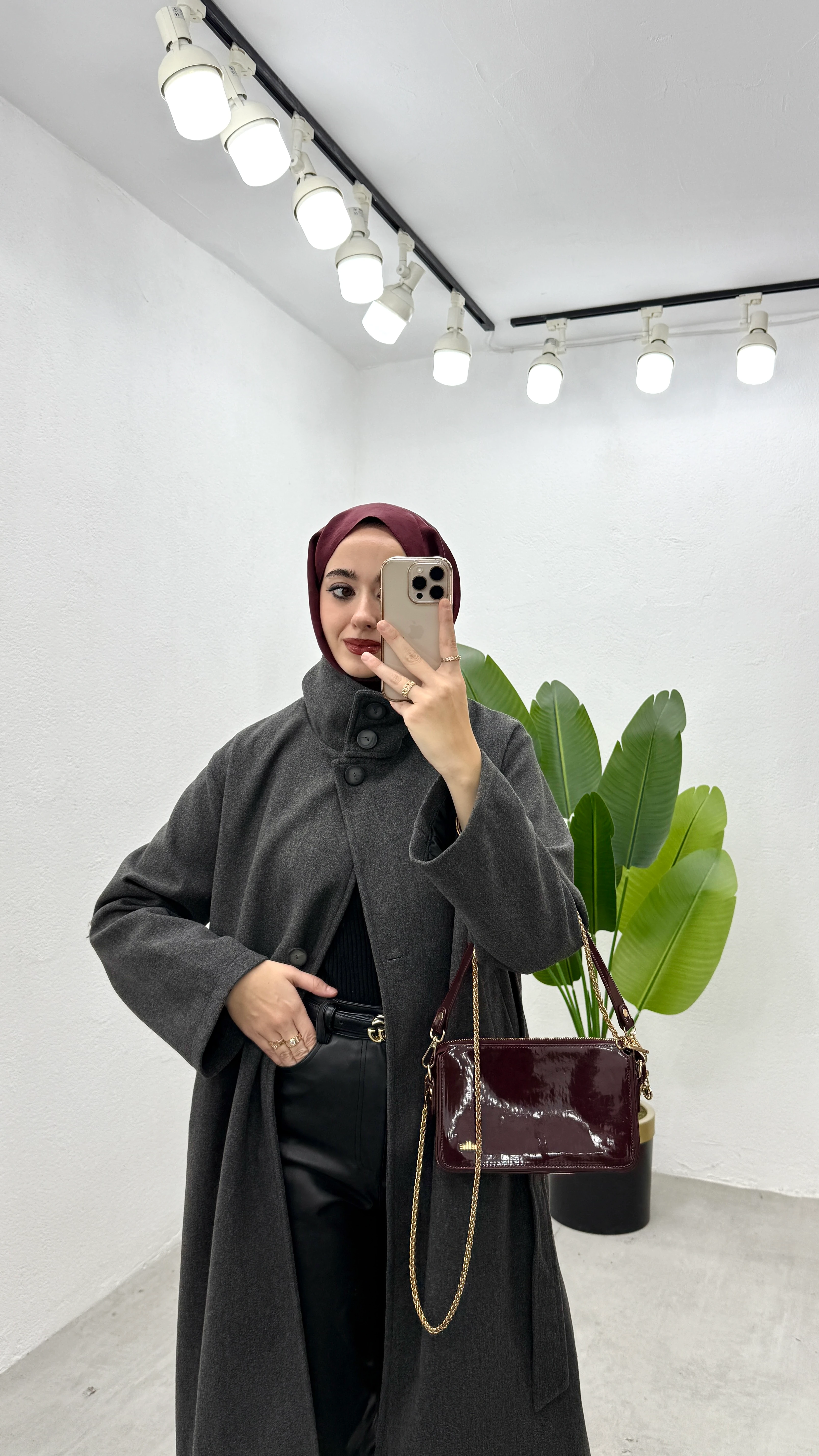 Uzun Dik Yaka Kaşe Kaban - Antrasit