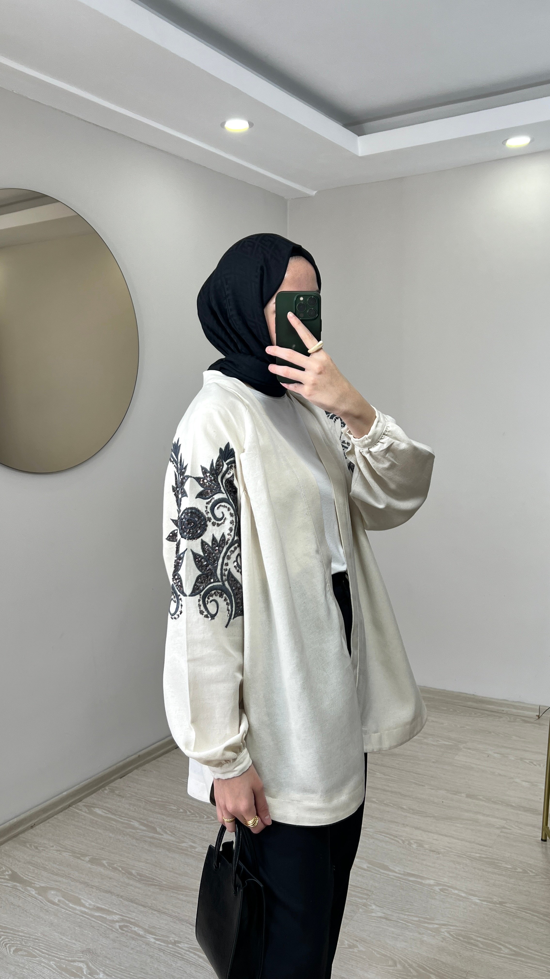 Zambak Desenli Keten Kimono - Ekru