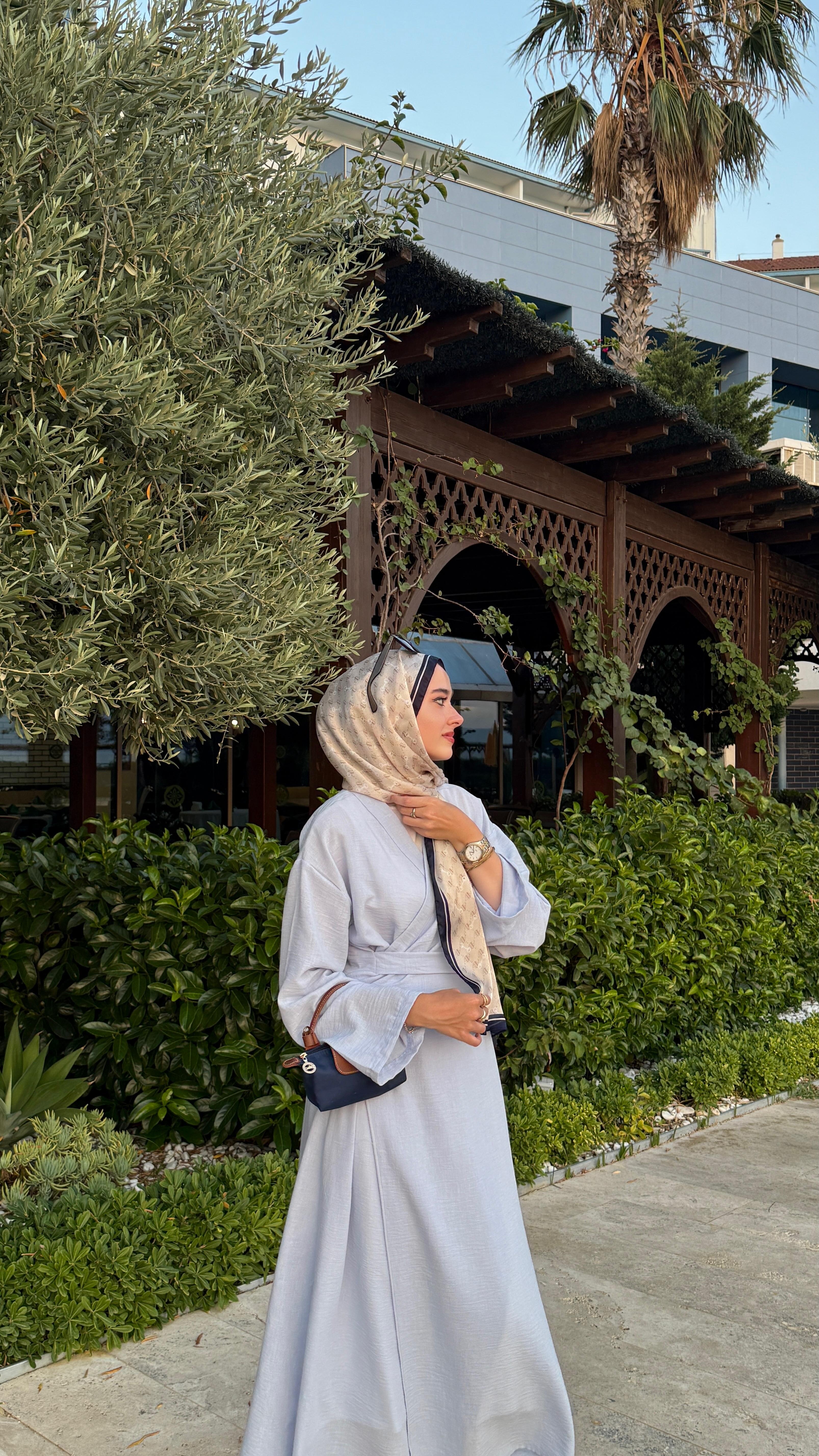 Keten Bağlamalı Abaya - Mavi