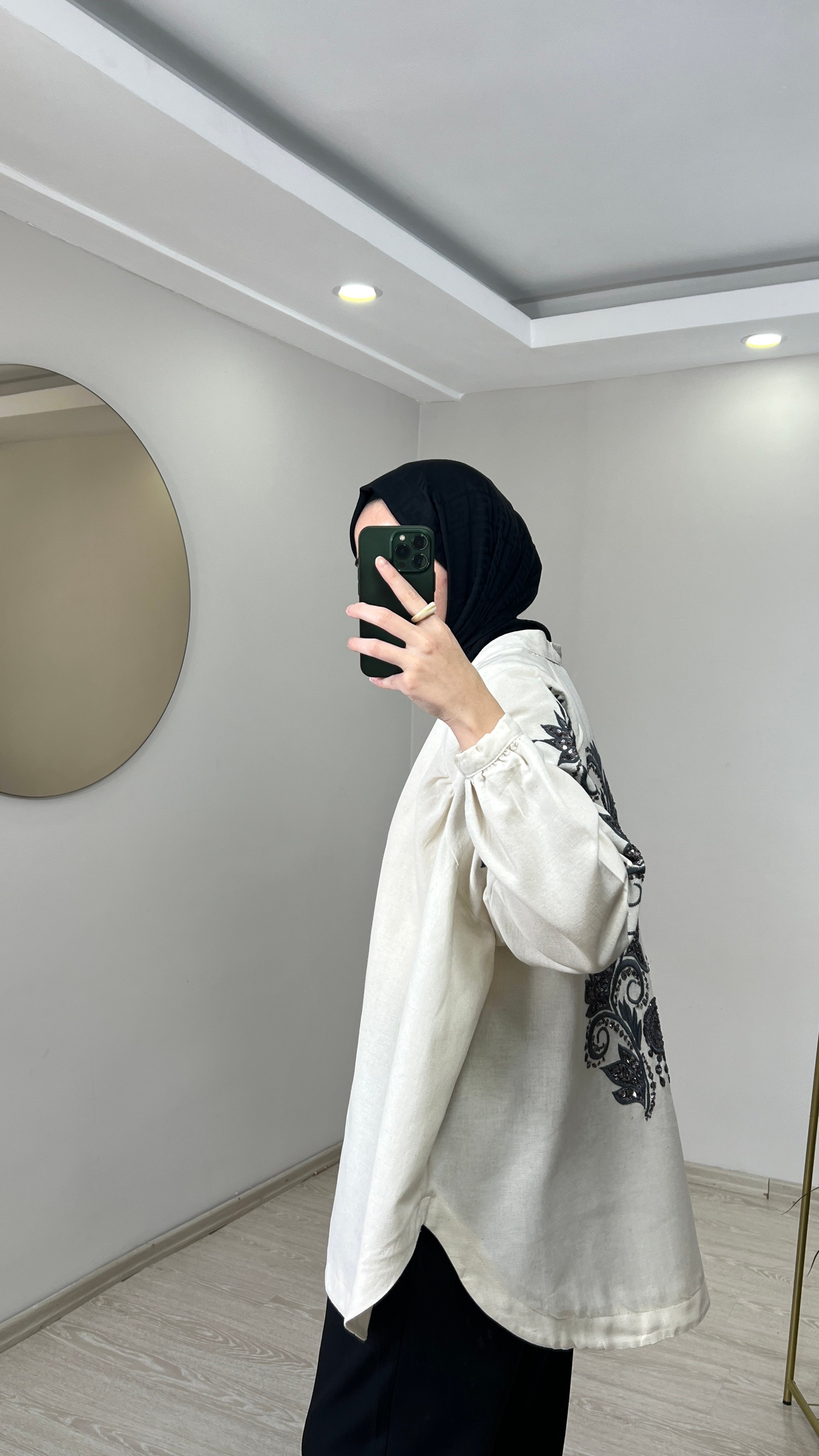 Zambak Desenli Keten Kimono - Ekru