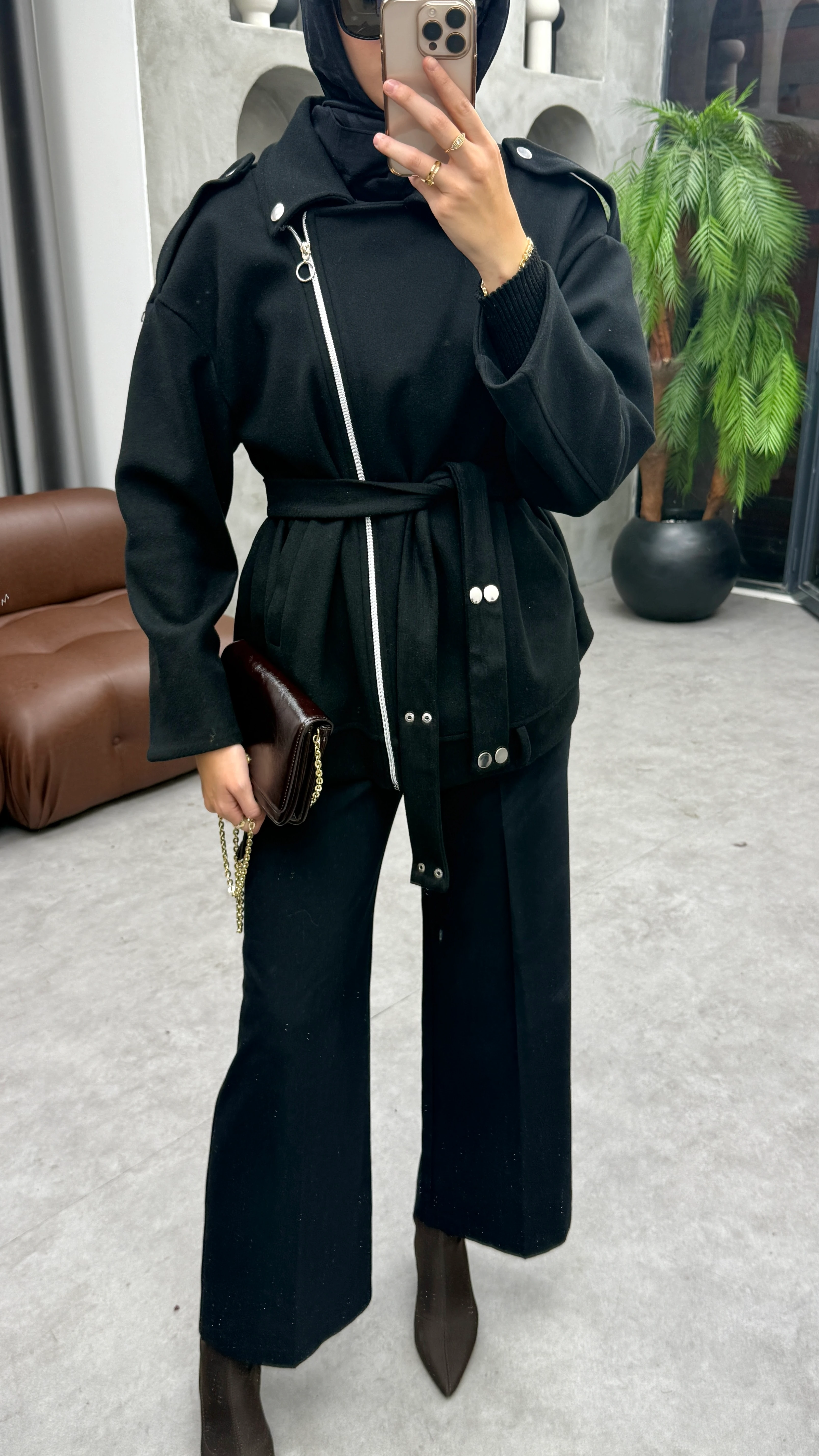 Fermuarlı Kaşe Ceket - Siyah