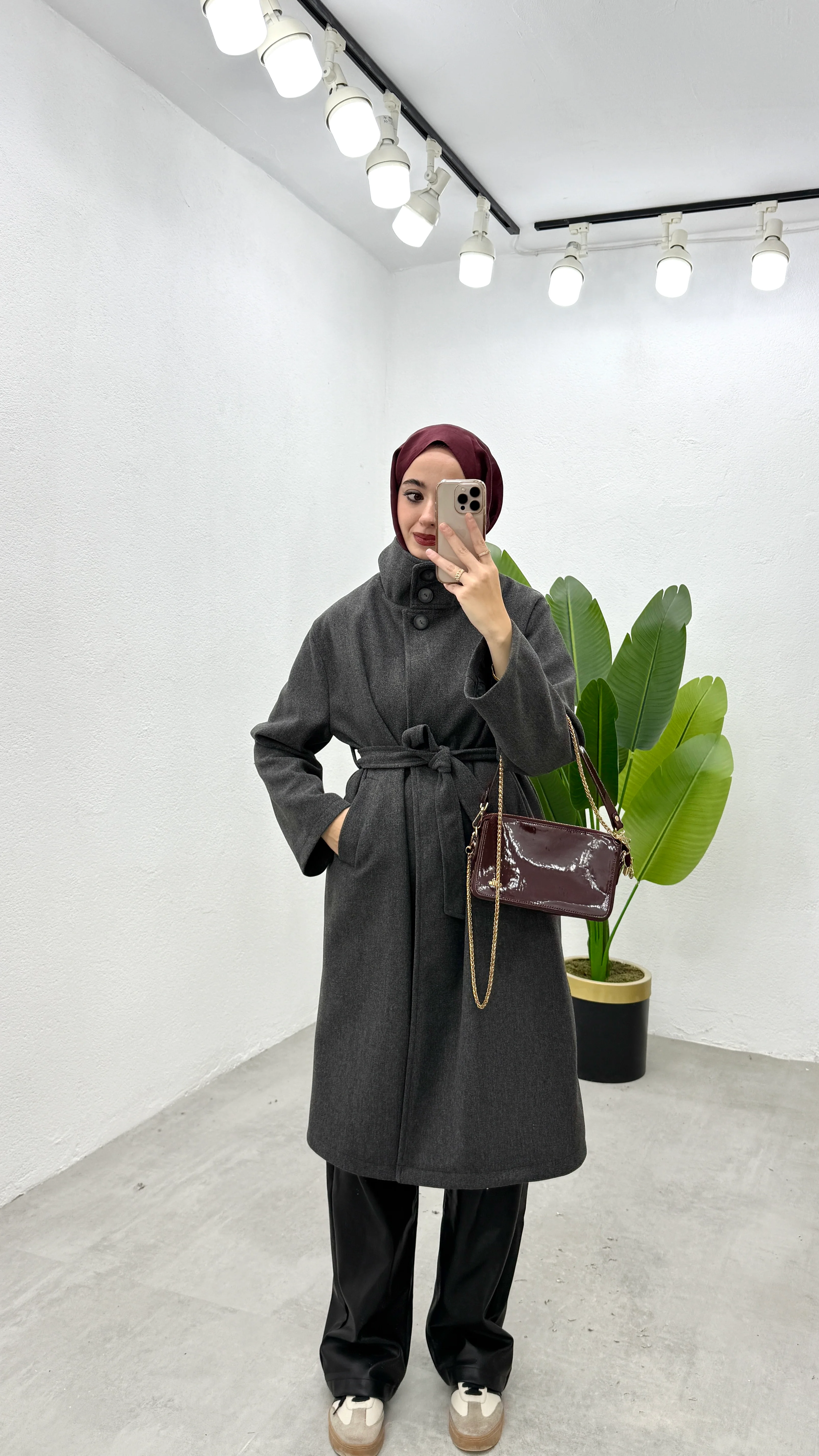 Uzun Dik Yaka Kaşe Kaban - Antrasit