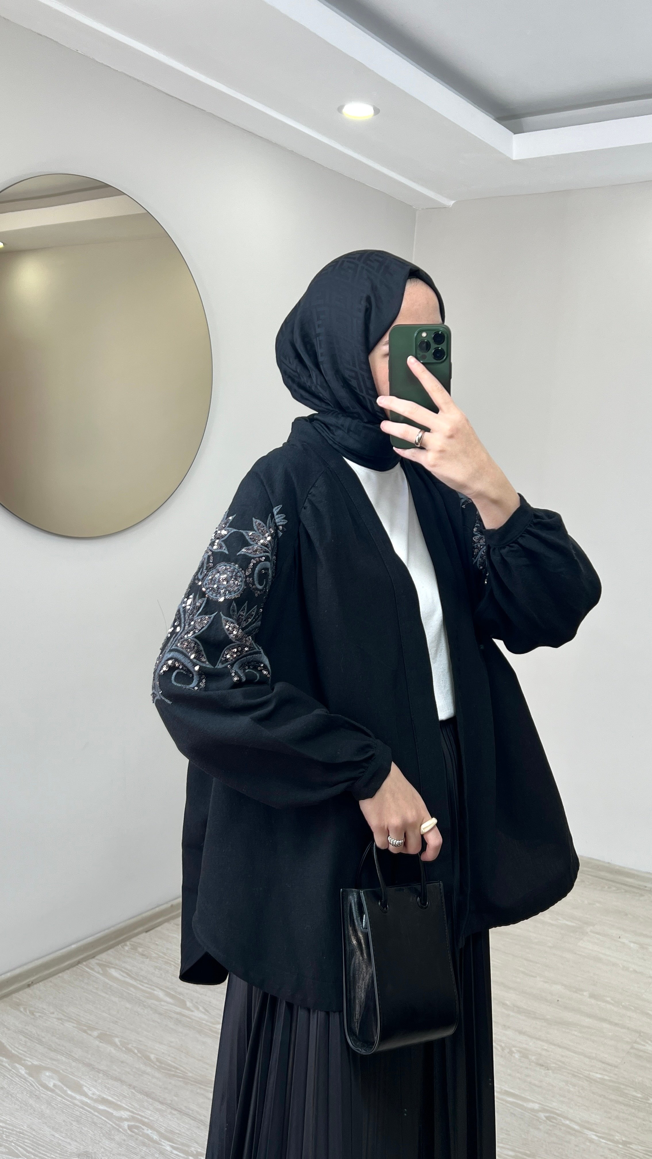 Zambak Desenli Keten Kimono - Siyah