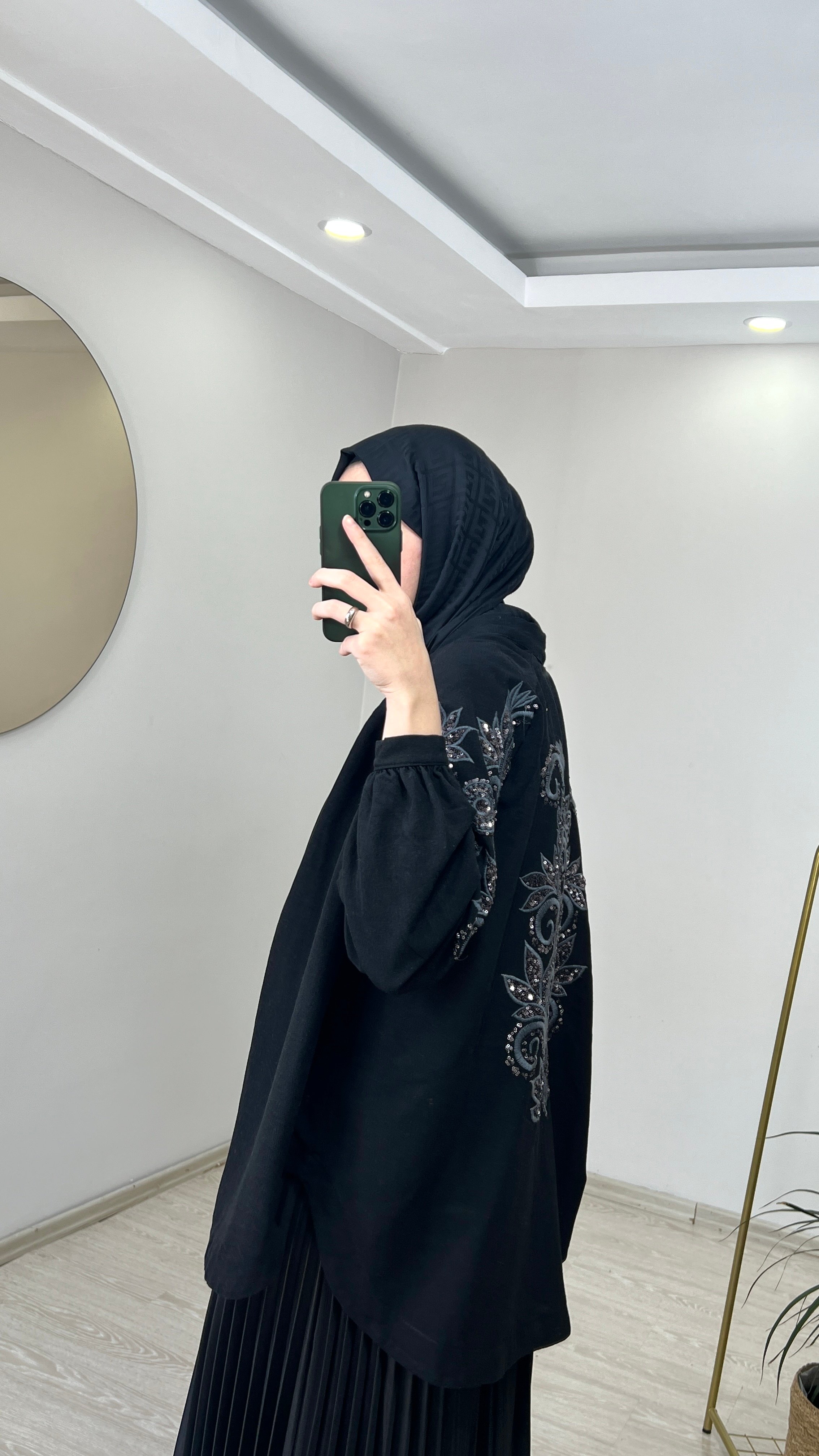 Zambak Desenli Keten Kimono - Siyah