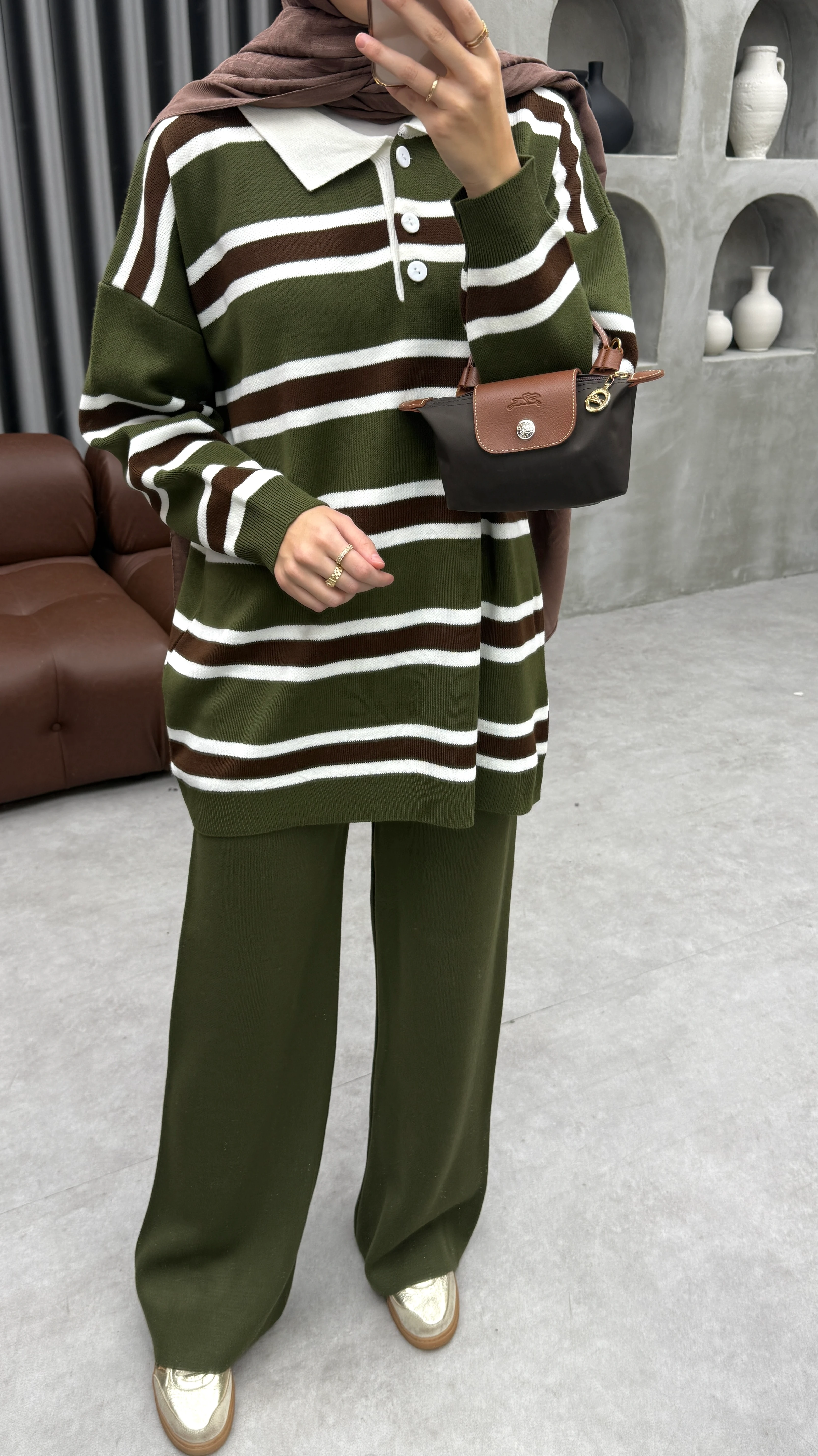 Çizgili Triko Takım - Yeşil