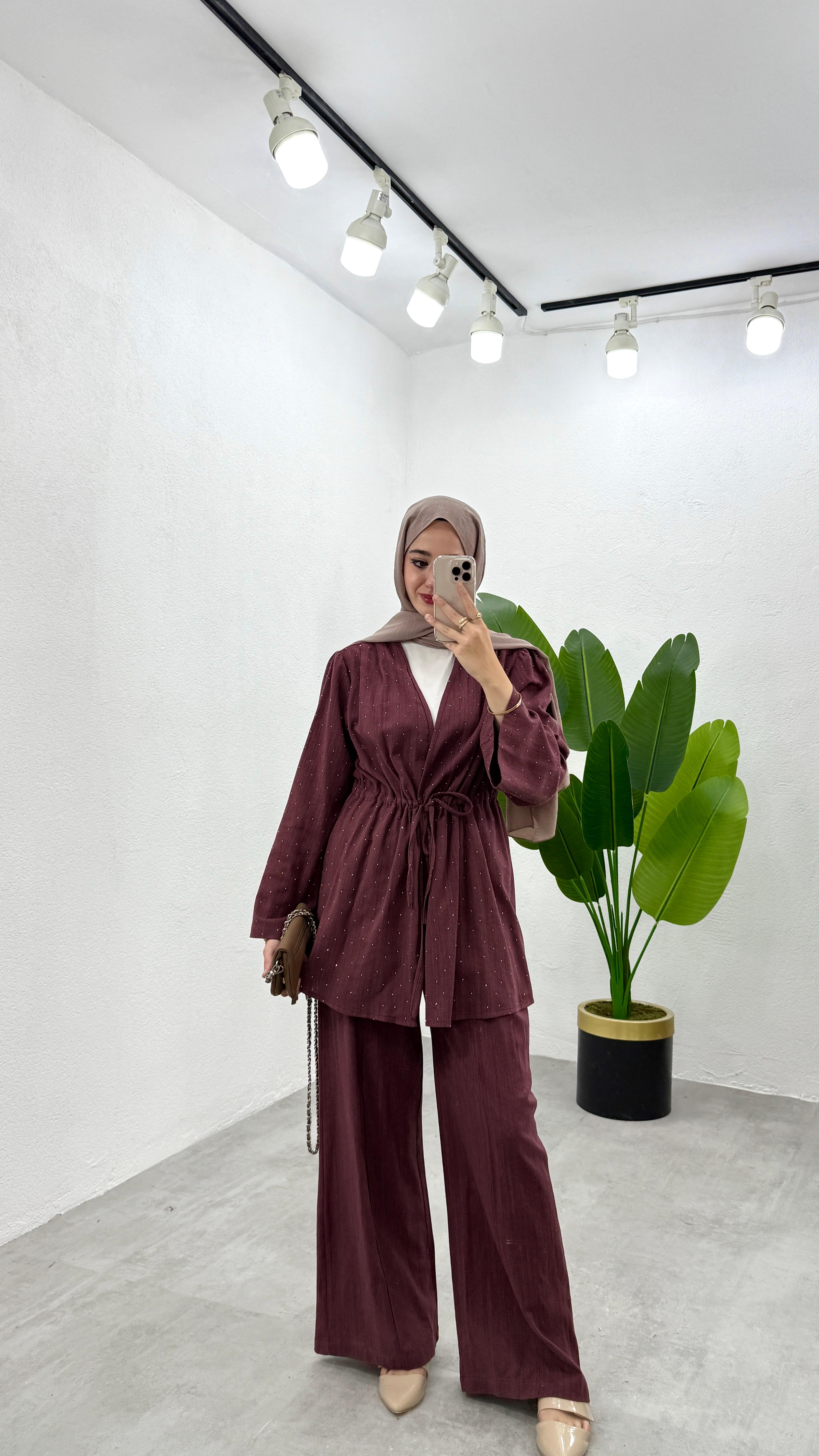 Taşlı Keten Kimono Takım - Mürdüm
