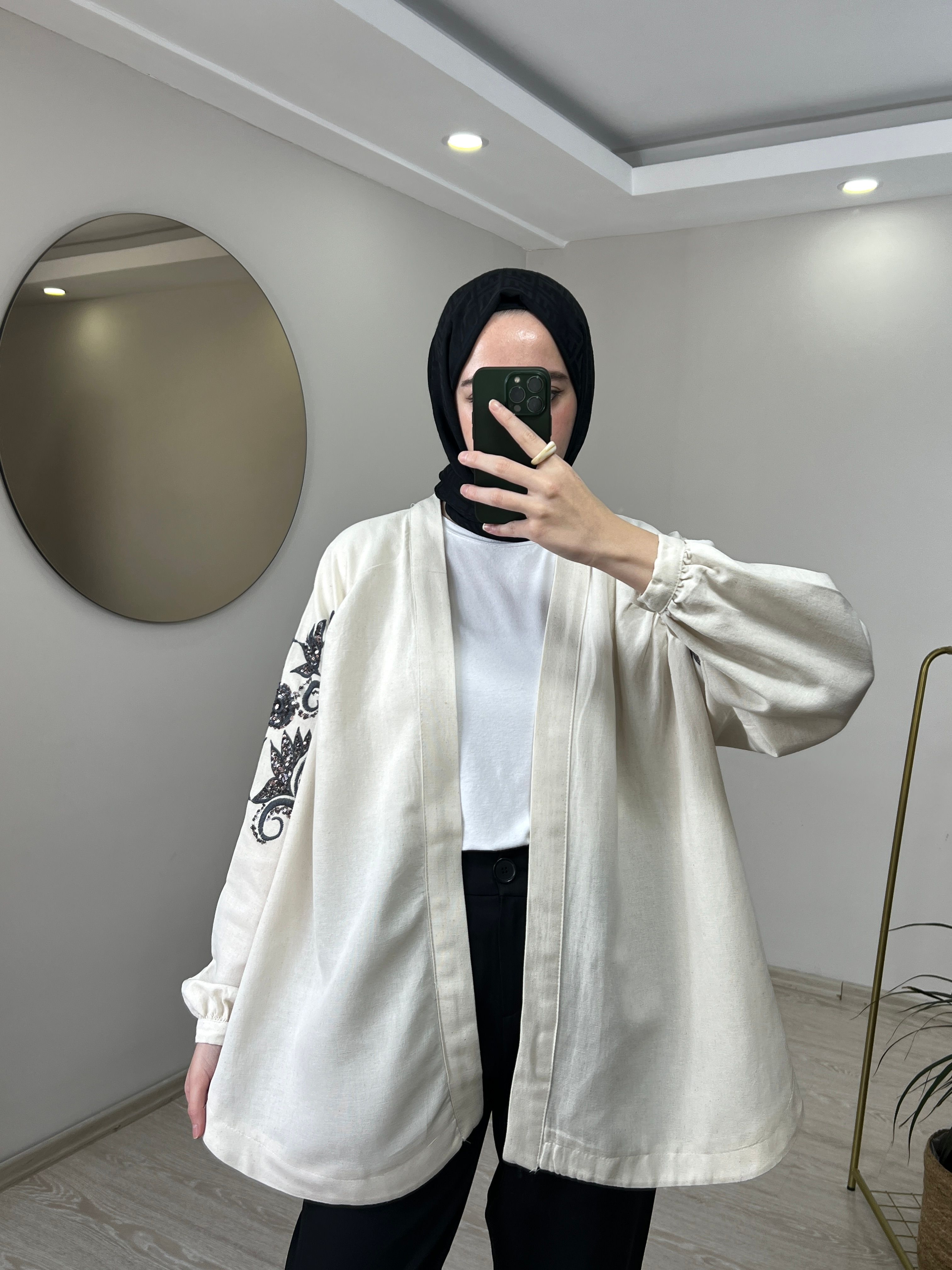 Zambak Desenli Keten Kimono - Ekru