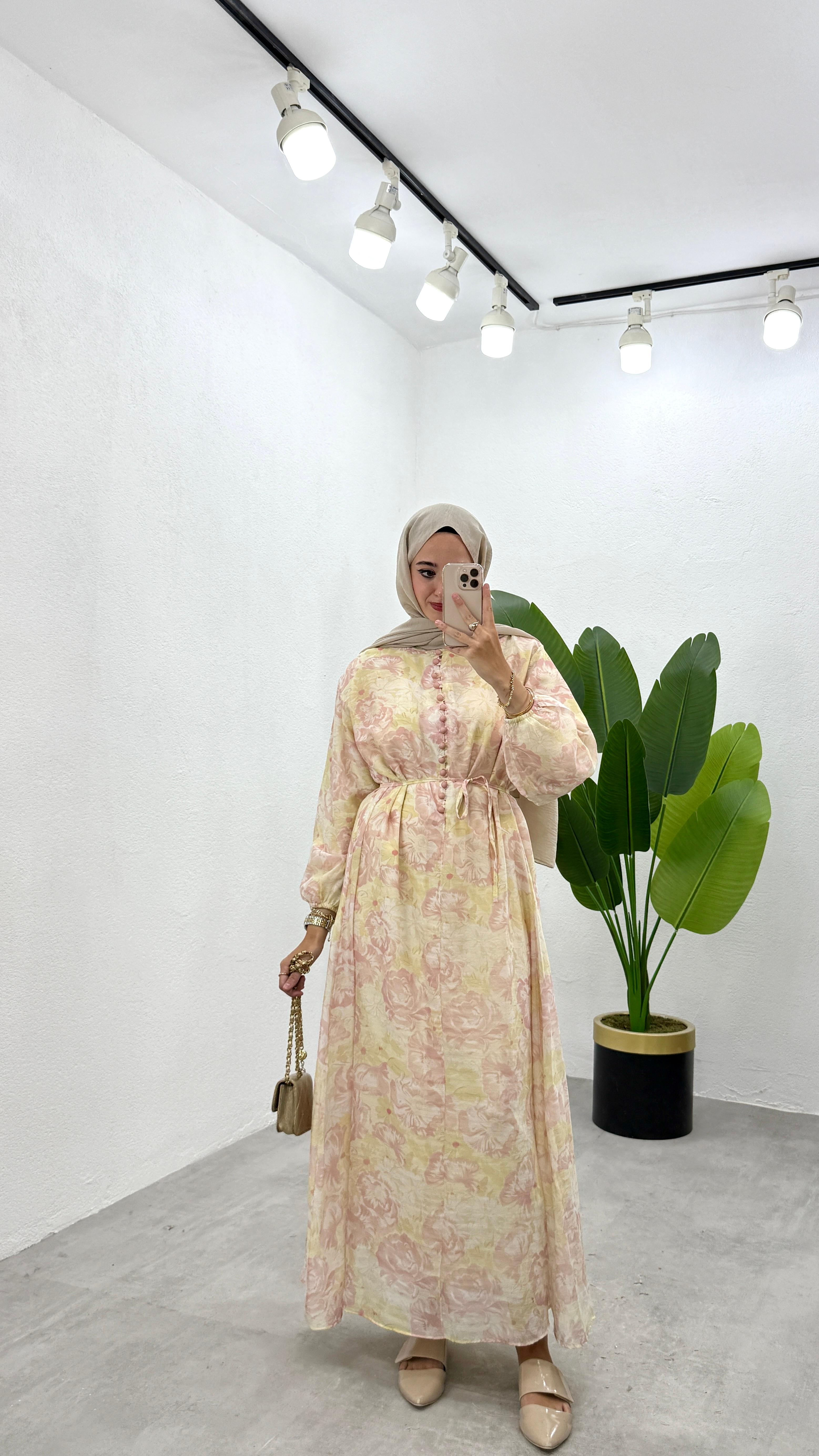 Rüya Astarlı Elbise - Pembe Çiçekli