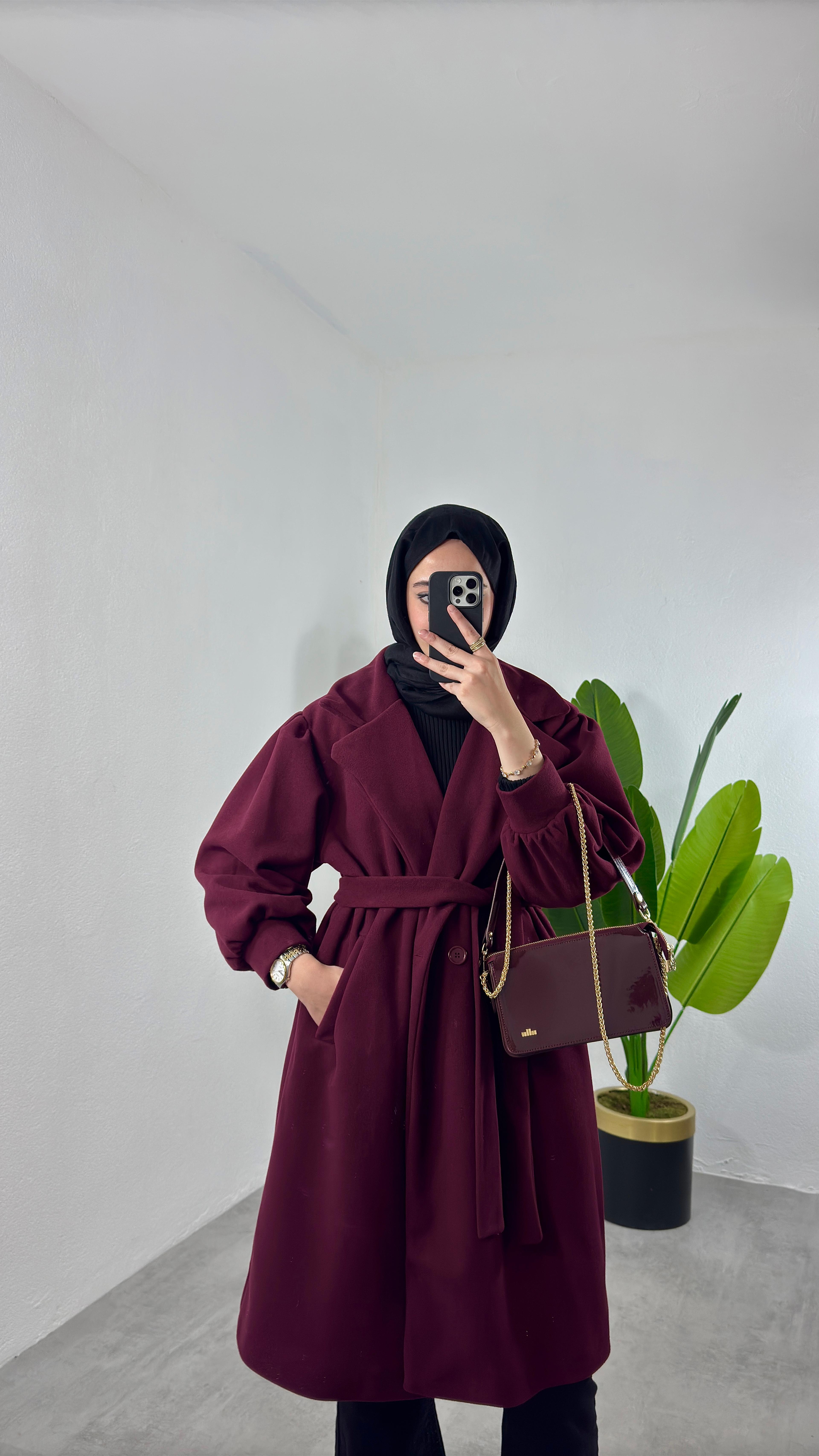 Balon Kol Kaşe Kaban - Bordo