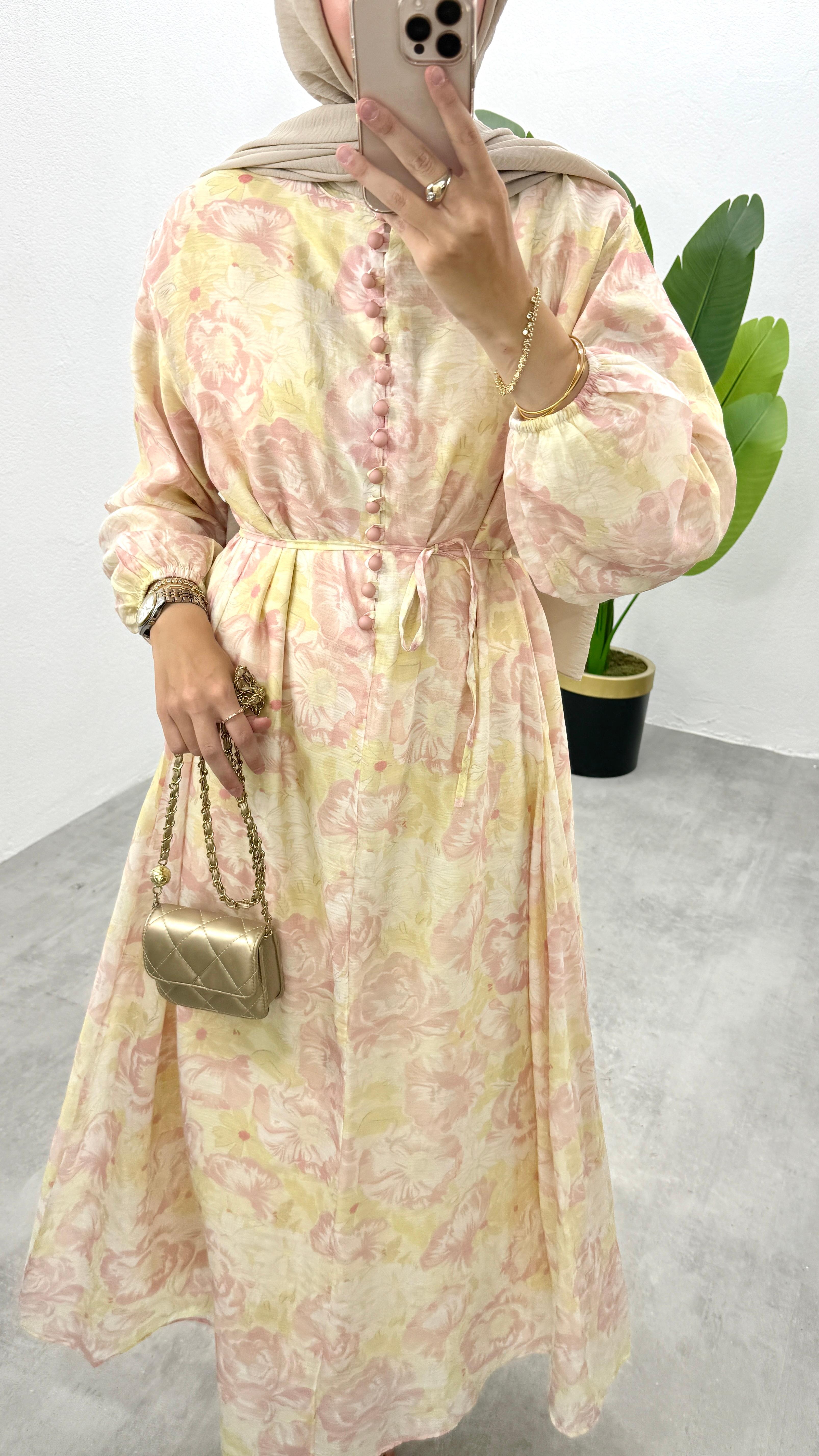 Rüya Astarlı Elbise - Pembe Çiçekli