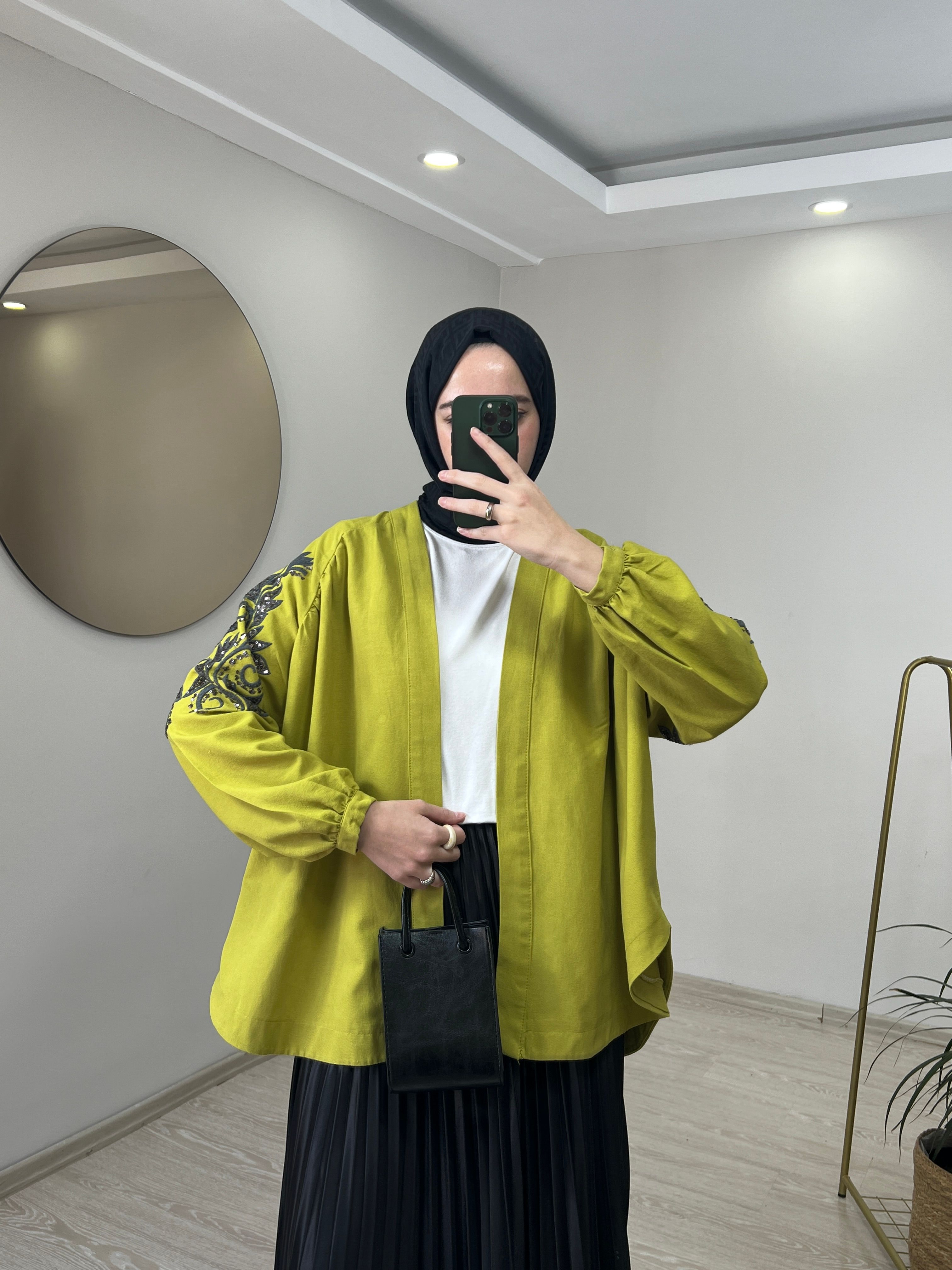 Zambak Desenli Keten Kimono - Yağ Yeşili