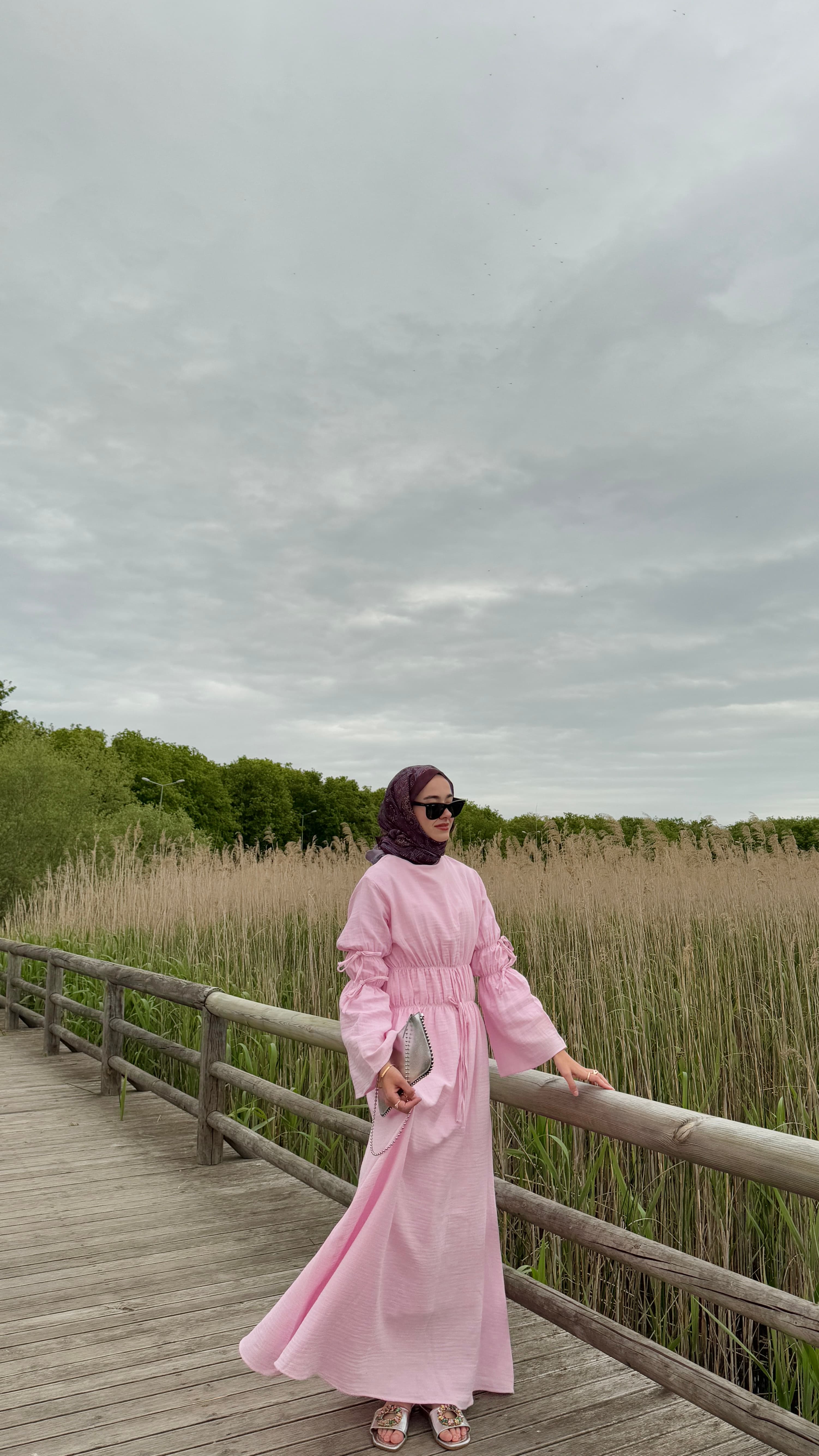 Lalin Büzgülü Müslin Elbise - Pembe