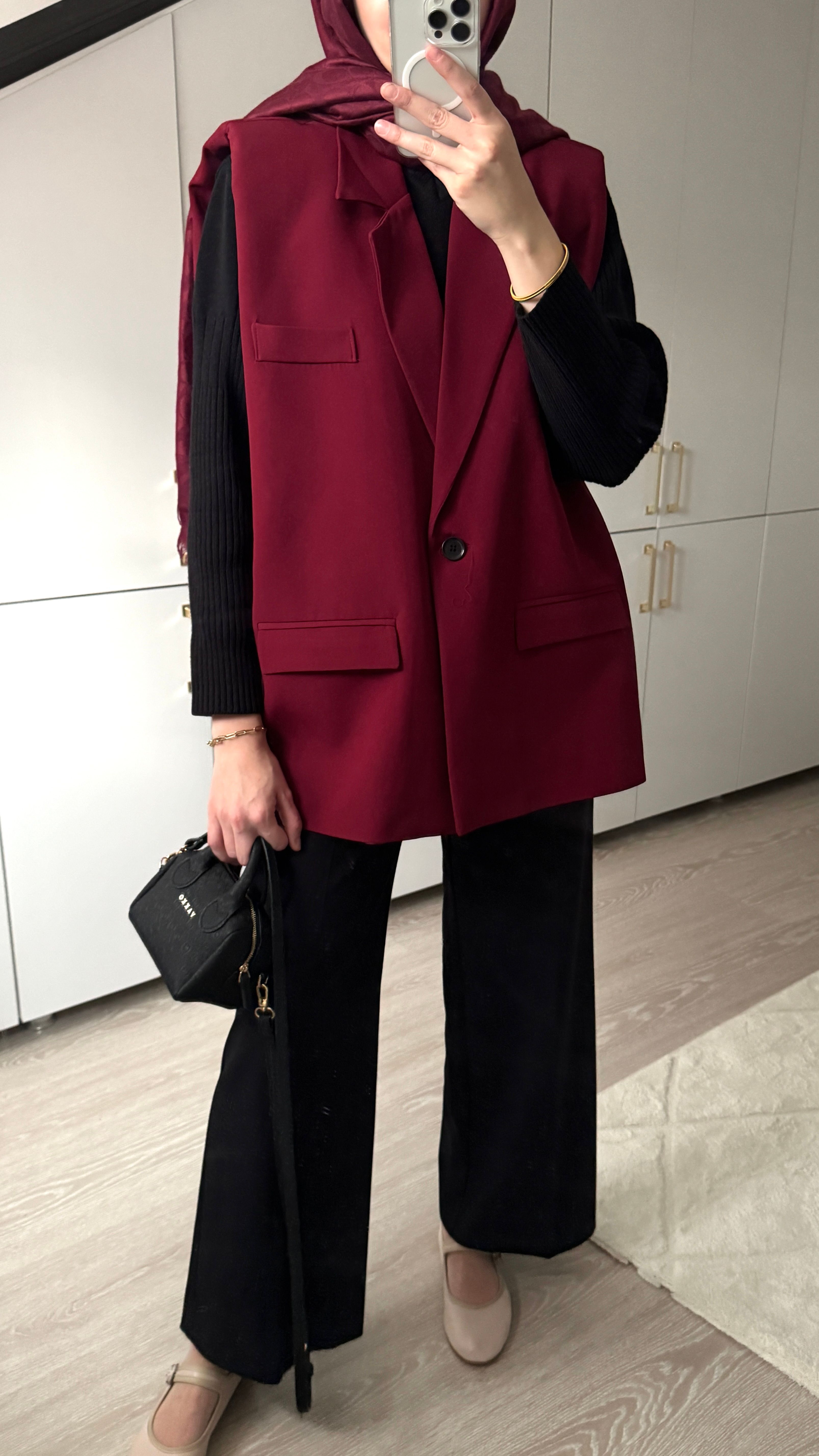 Oversize Kemerli Yelek - Bordo
