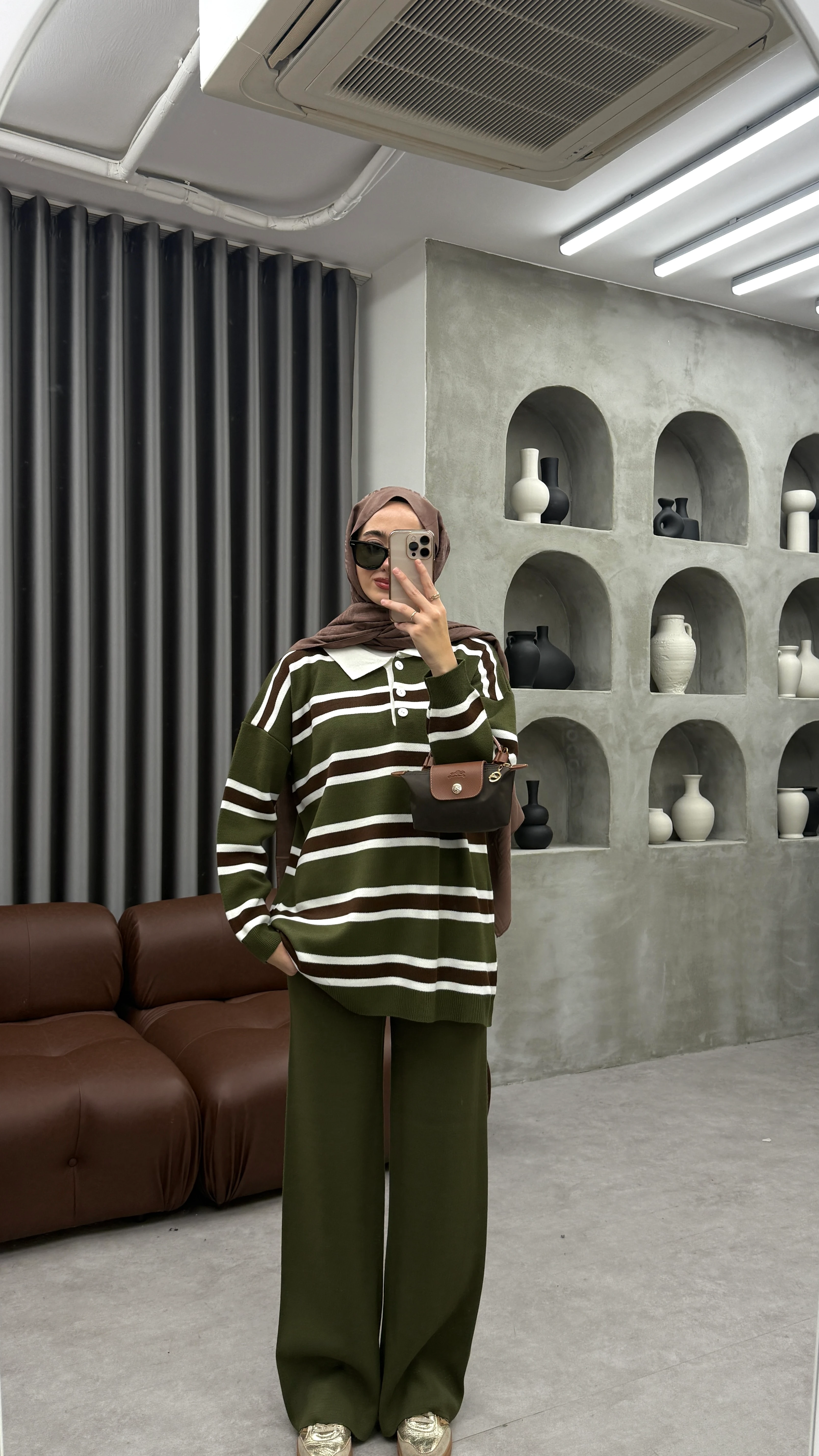 Çizgili Triko Takım - Yeşil