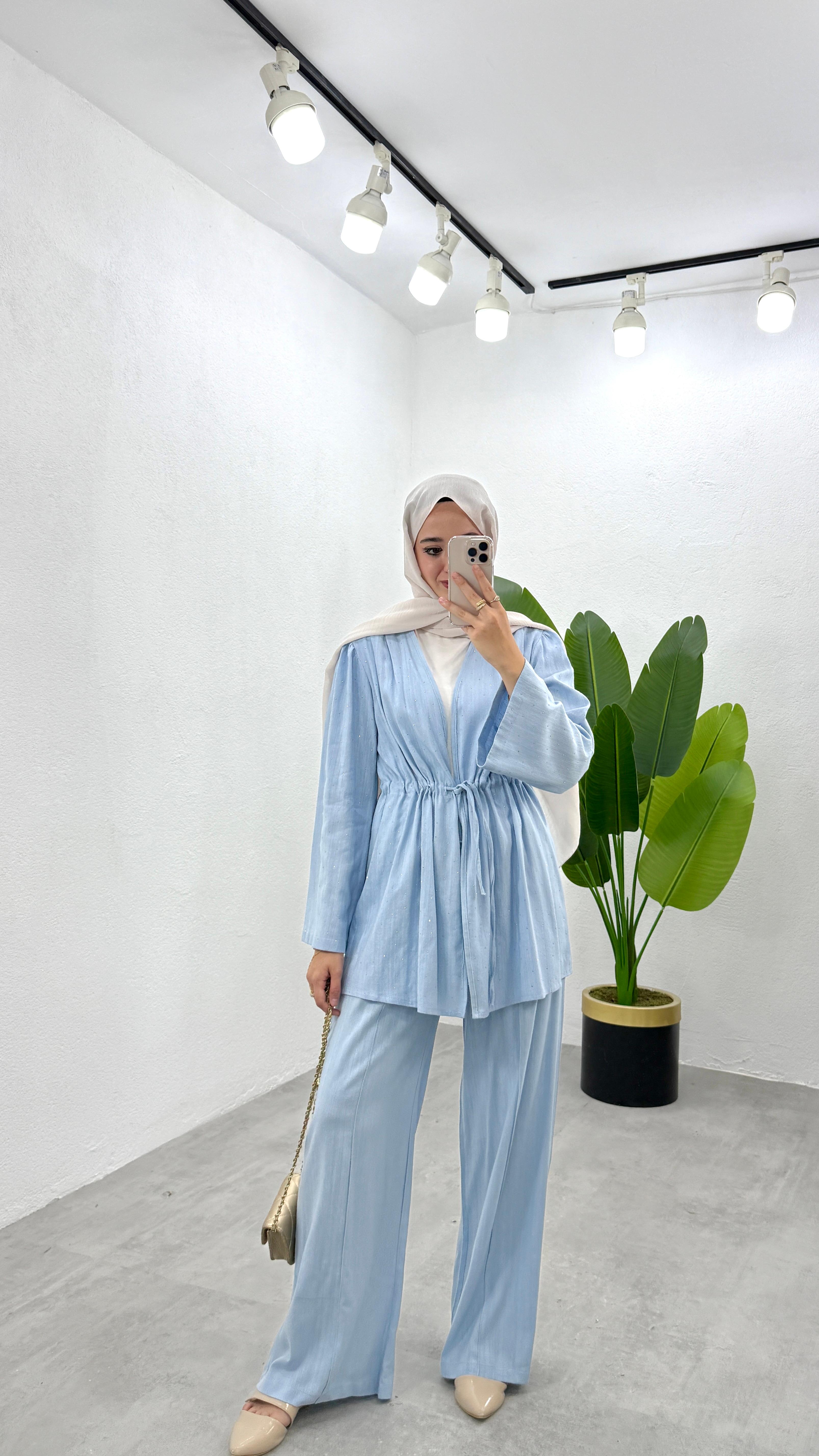 Taşlı Keten Kimono Takım - Mavi