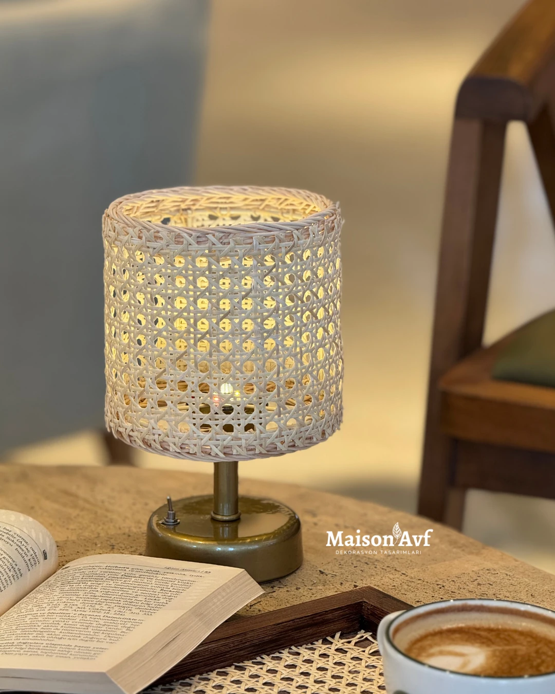 2'li Set Hazeran & Rattan Kablosuz Masa Lambası & Hazeran Tepsi Eskitme Dikdörtgen