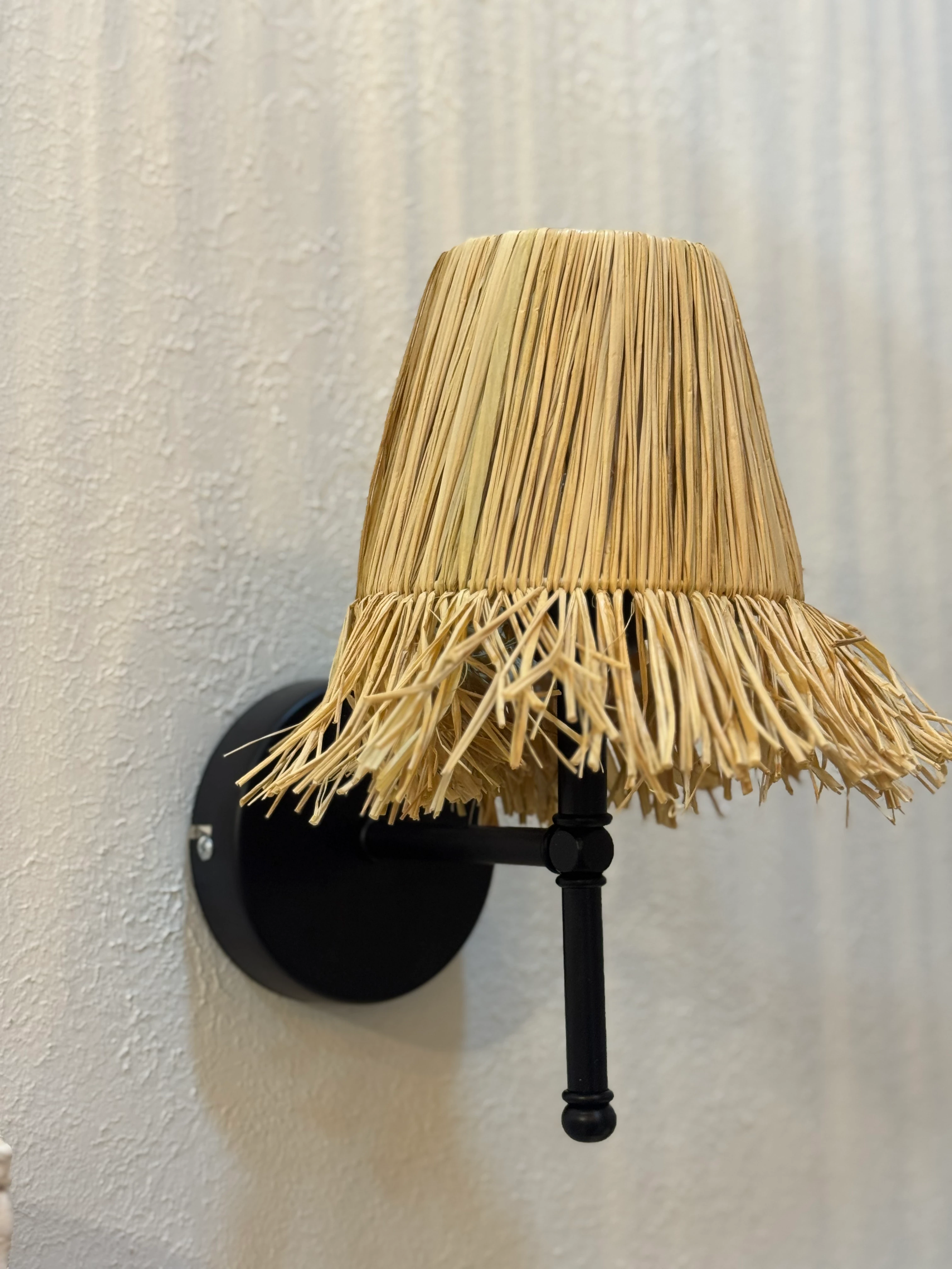 Rafya Saçaklı Bohem Hasır Kablolu Duvar Aydınlatması Aplik - Alt Siyah