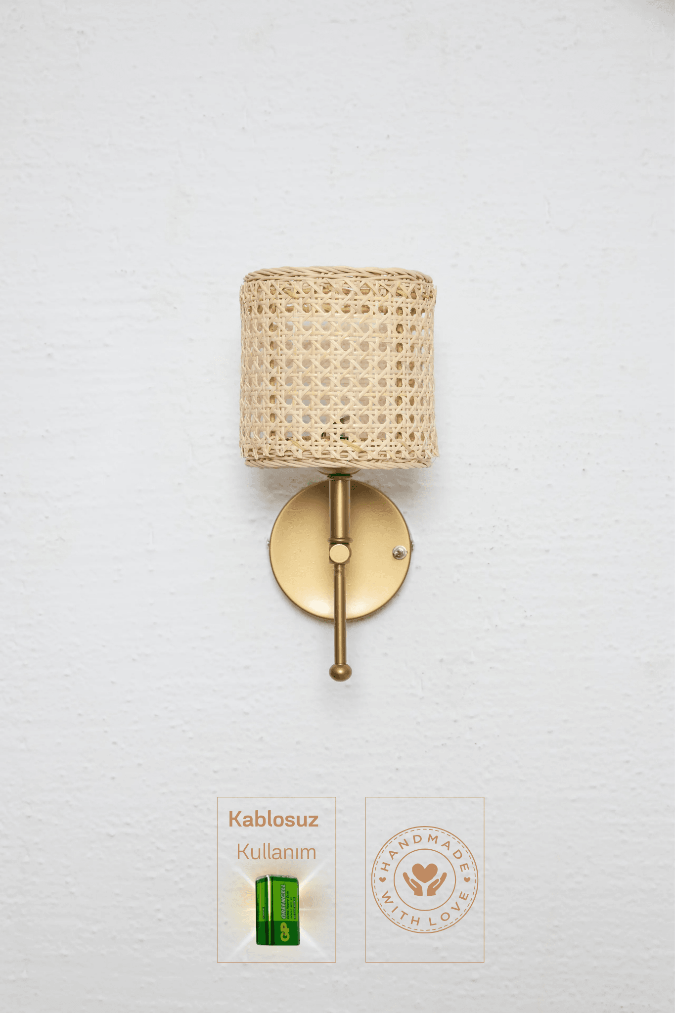 Hazeran & Rattan Yukarı Kablosuz Pilli Duvar Aydınlatması Aplik - Alt Eskitme Gold