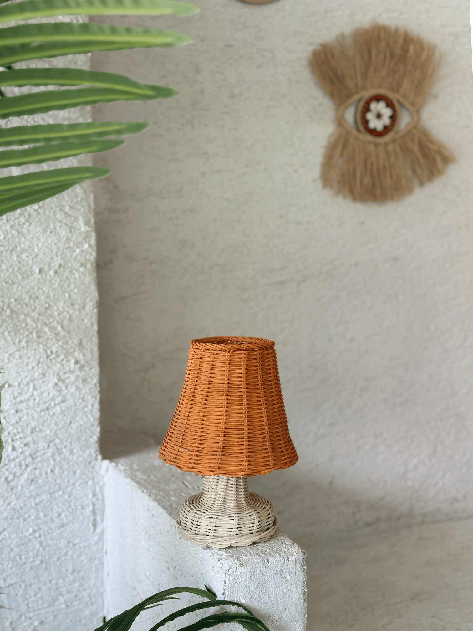 Orange Rattan & Bamboo Tabletop Wireless Battery-Powered Lamp