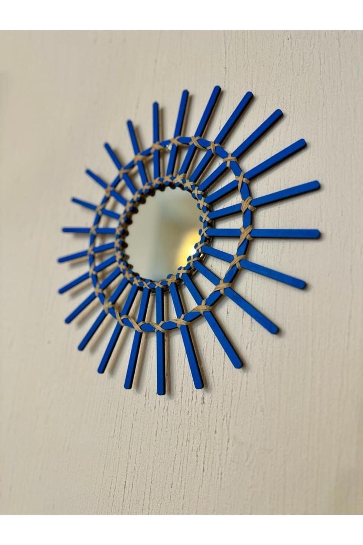 Alacati Blue Bamboo Rattan Wooden Stick Mirror